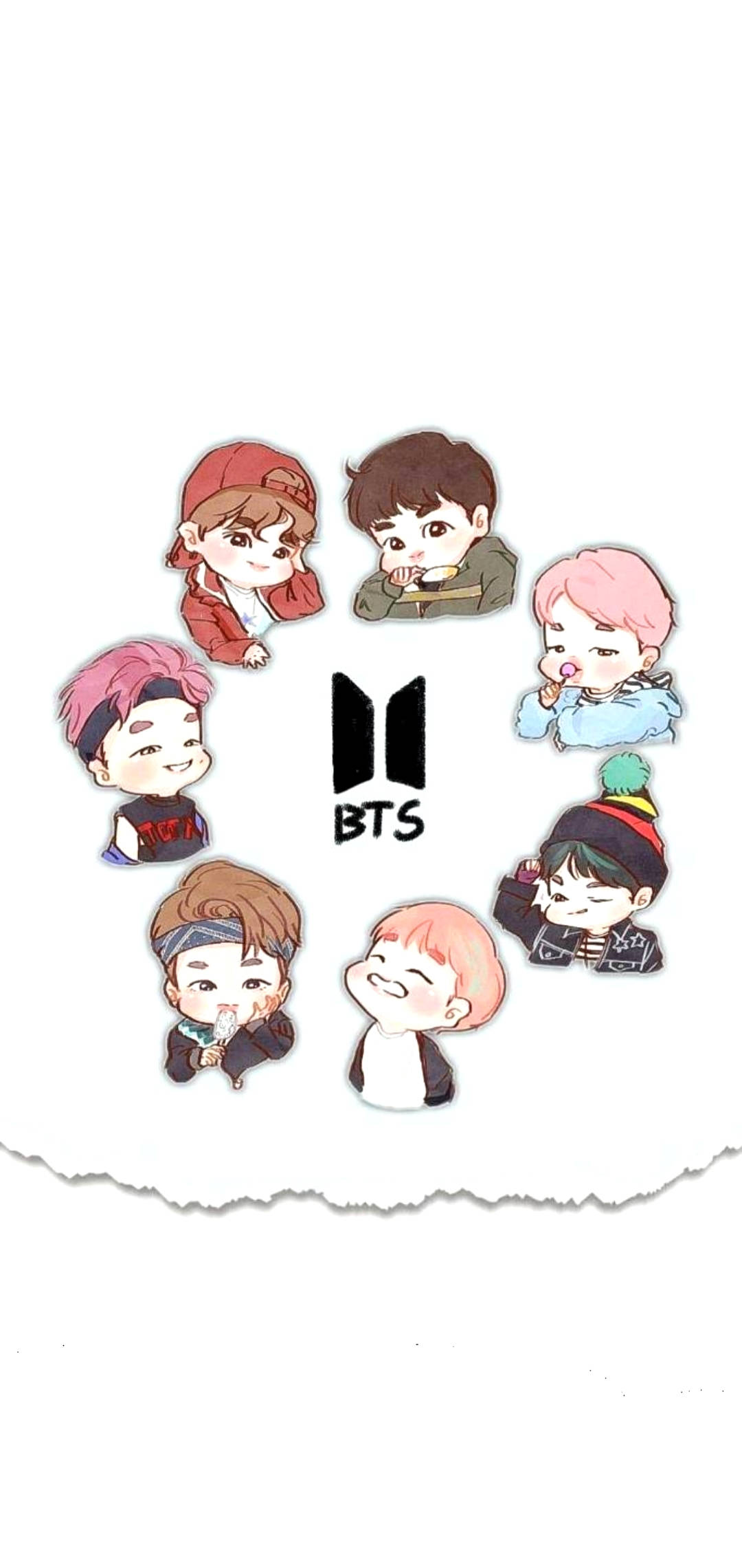 BTS 鎖定螢幕 桌布 壁紙 — 七個Q版風格的BTS成員穿著色彩繽紛的服裝，圍繞著白色背景上帶有撕裂紙邊的團體標誌。