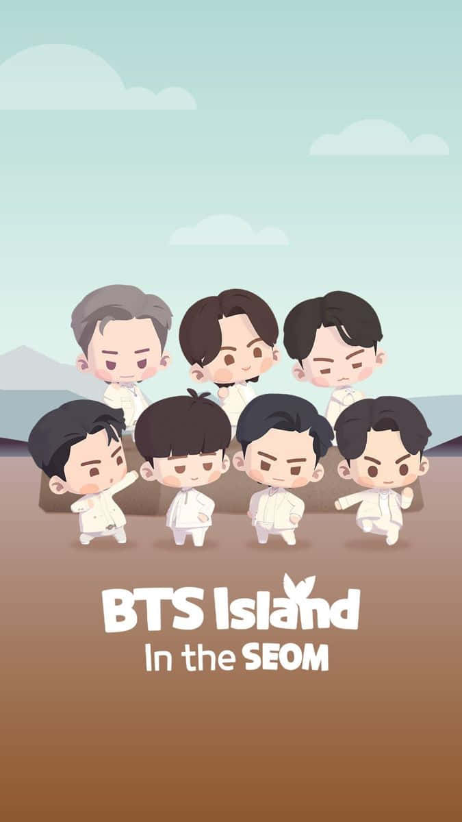 Bts Endorsements 桌布 壁紙 — 七個Q版風格的BTS成員身穿白色服裝，站在一個棕色的島嶼上，背景是帶有雲朵的淺藍色天空。