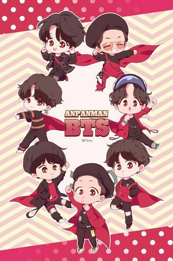 七個身穿紅色斗篷的Q版BTS成員，背景為粉白圖案。 — BTS 卡通 GIF 壁紙