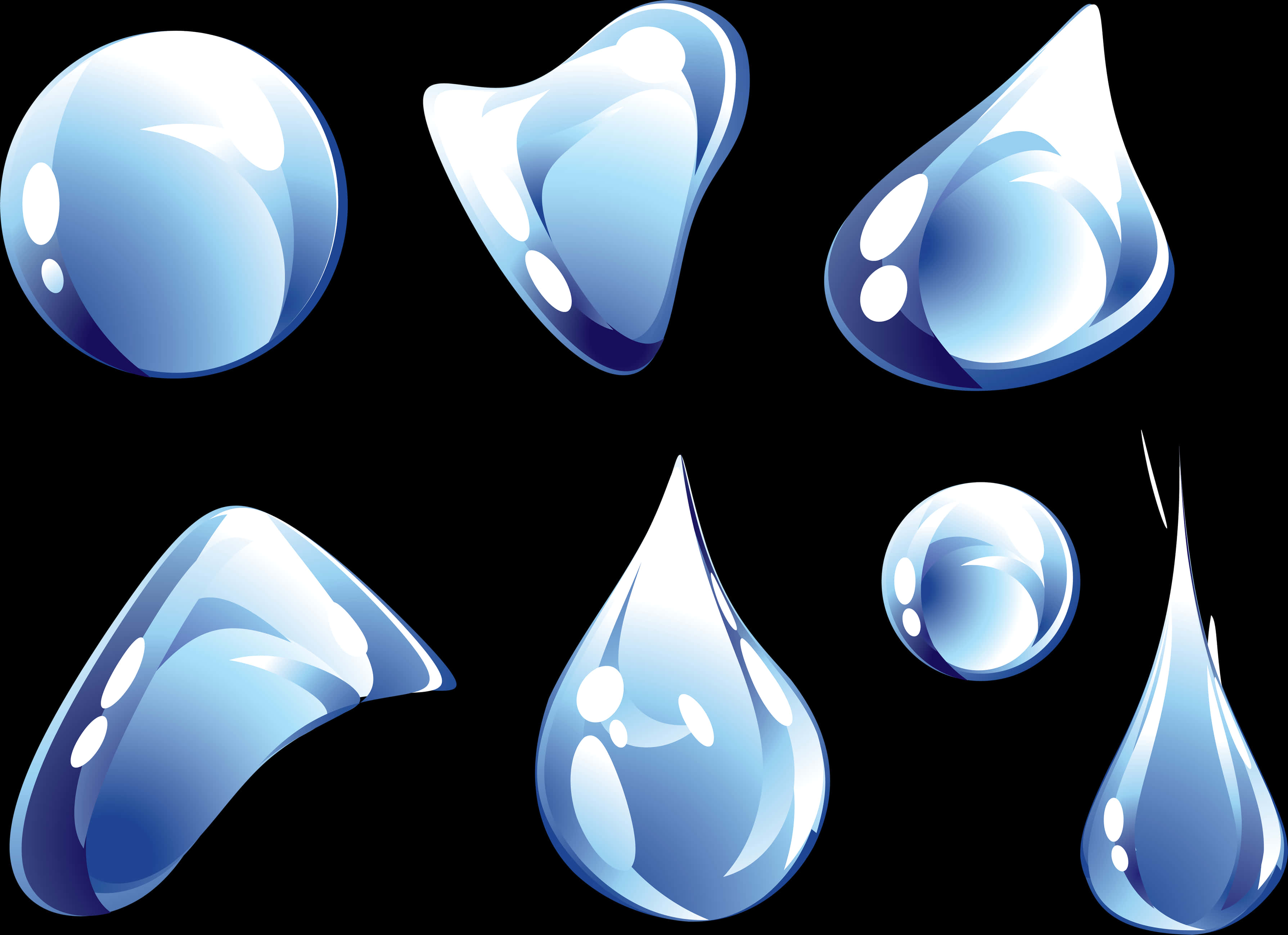 Water Drops 桌布 壁紙 — 七個不同形狀的光澤藍色水滴和氣泡漂浮在純黑色背景上。