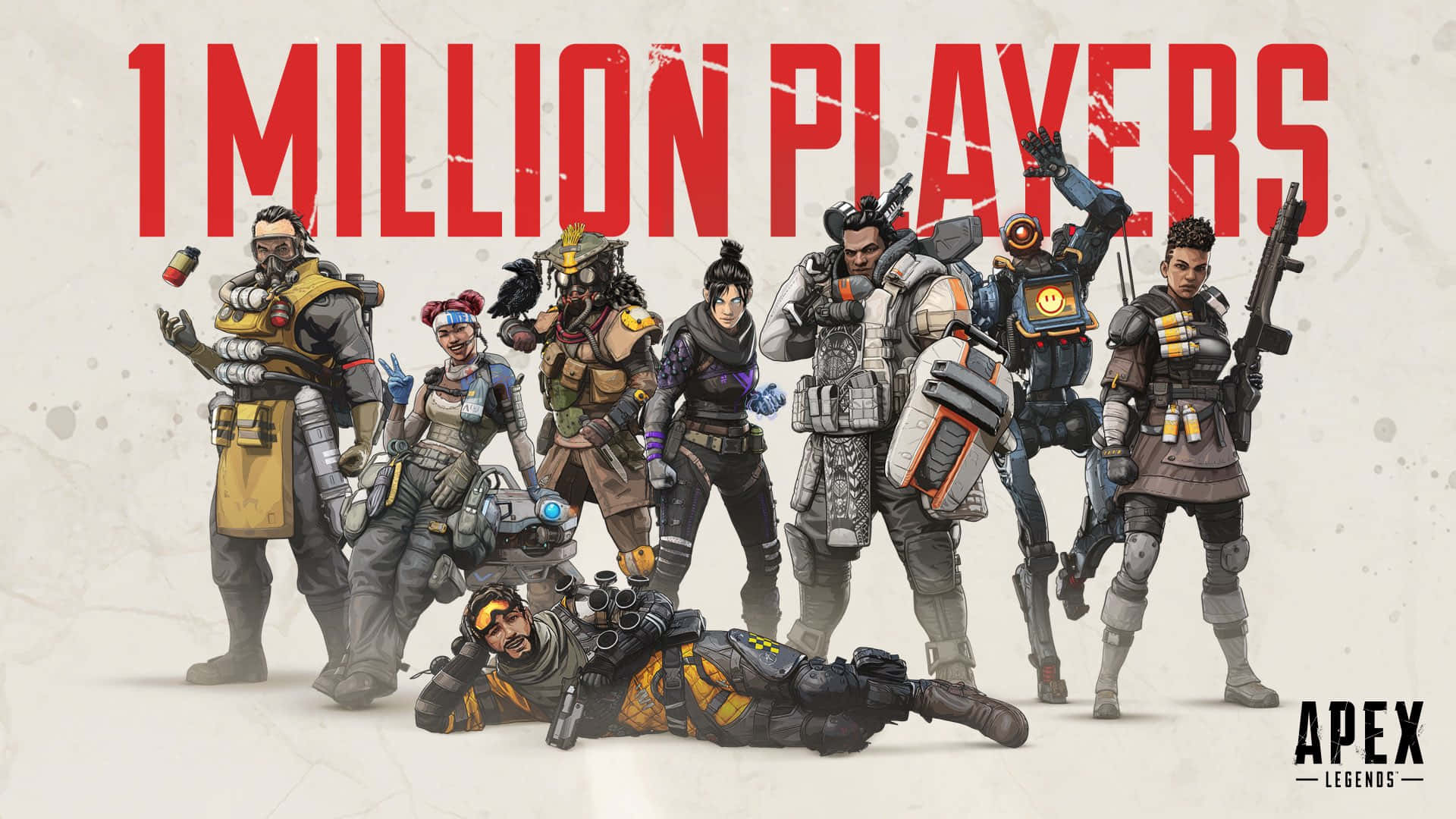電玩遊戲 桌布 壁紙 — 七個不同的Apex Legends角色身穿戰鬥裝備，在慶祝一百萬玩家的粗體紅色文字下英勇地擺出姿勢。