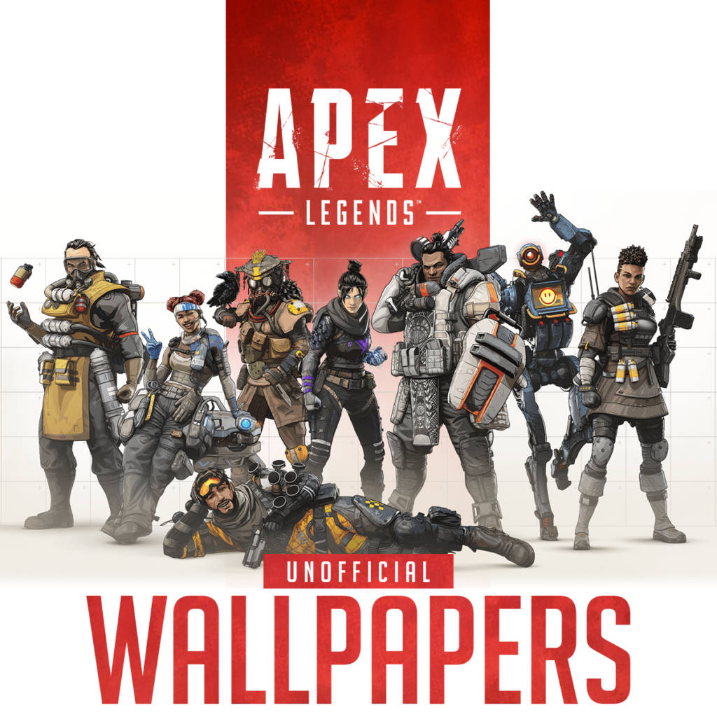 Apex 英雄 桌布 壁紙 — 七個不同的Apex Legends角色穿著戰術裝備，在紅色和白色背景前動態擺姿勢。