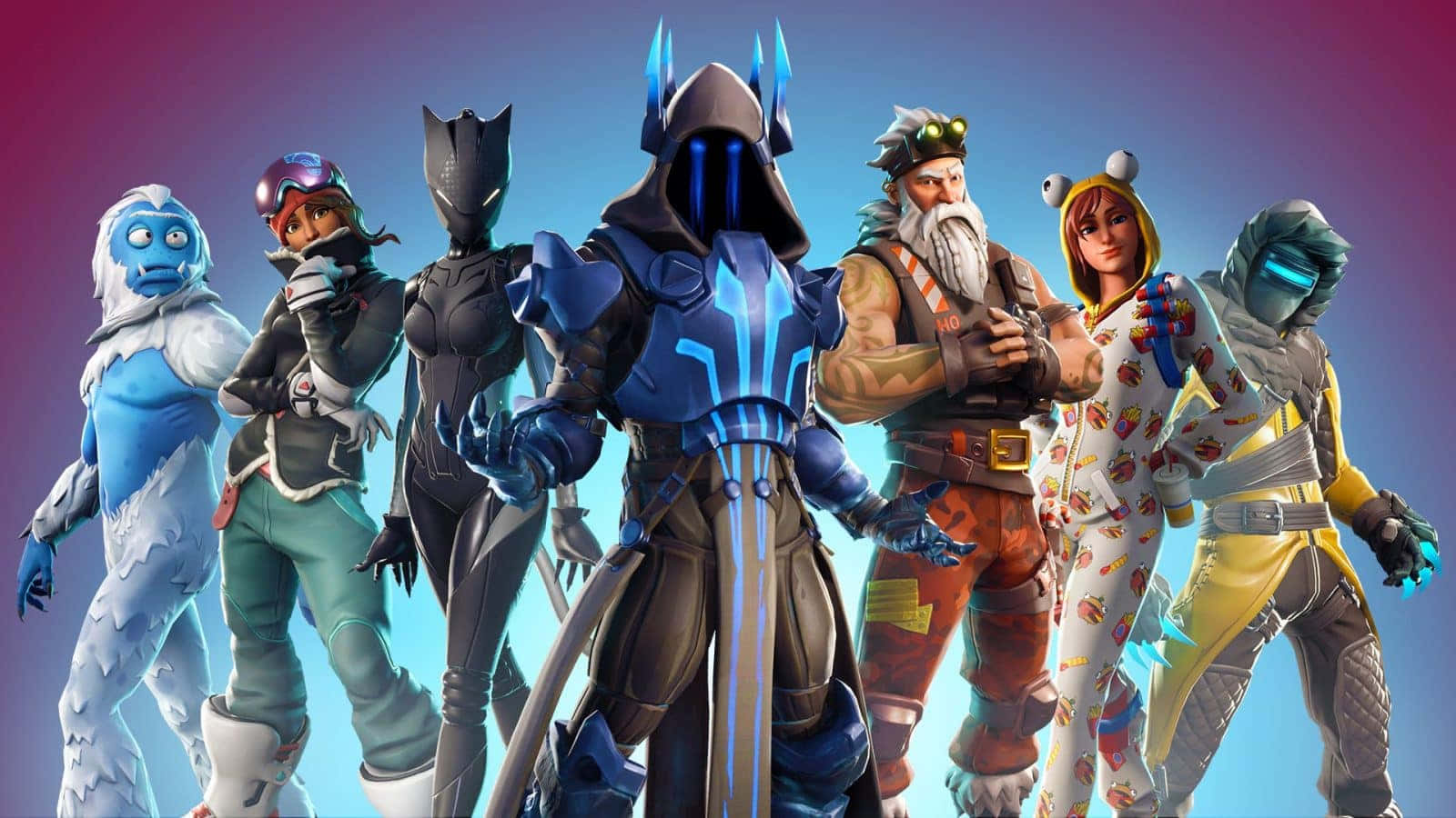 Fortnite 桌布 壁紙 — 七個不同的Fortnite角色穿著色彩繽紛的服裝，自信地站在紫色和藍色的漸變背景前。