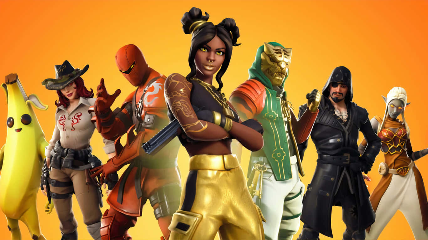 桌布 壁紙 — 七個不同的Fortnite角色穿著鮮豔的服裝，在發光的橙色背景前自信地擺姿勢。