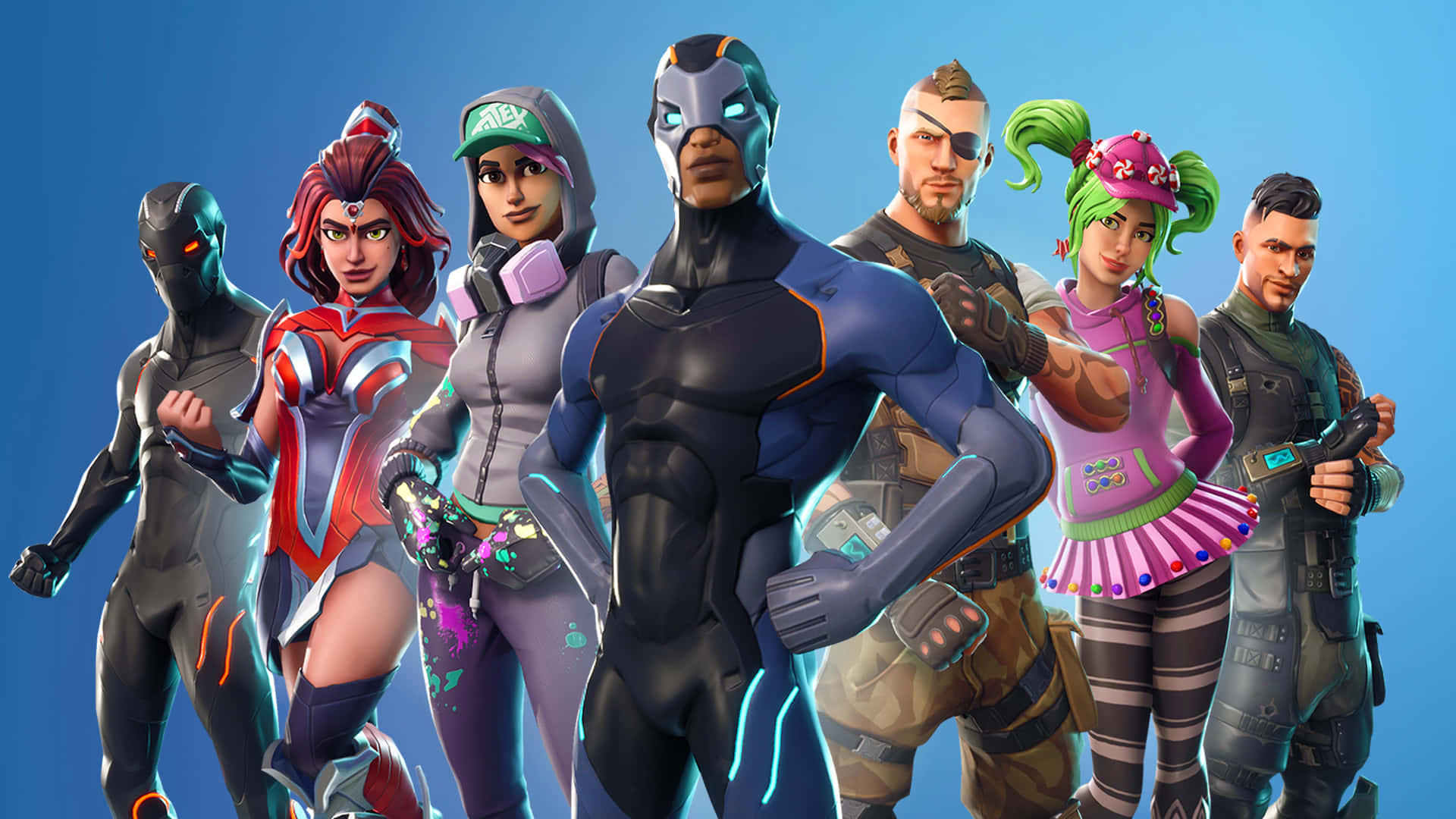 Fortnite 桌布 壁紙 — 七個不同的Fortnite角色穿著色彩繽紛的未來風格服裝，在純藍色背景前自信地擺姿勢。