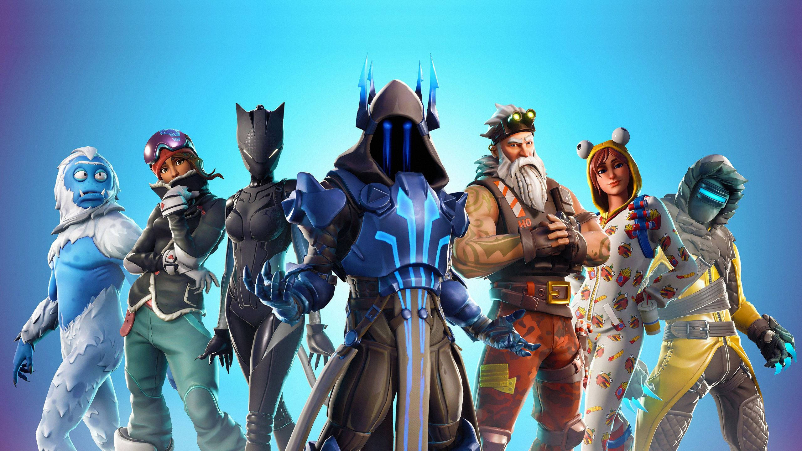 Fortnite 桌布 壁紙 — 七個不同的Fortnite角色穿著色彩繽紛的服裝，自信地站在明亮的藍色漸變背景前。