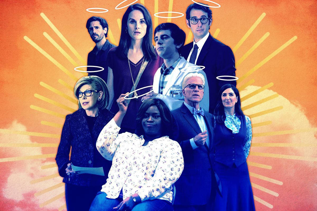 Netflix 桌布 壁紙 — 七個不同的人帶着光環漂浮在帶有黃色太陽光芒的耀眼橙色背景上。