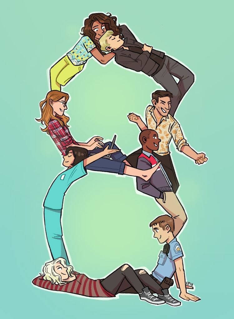 Sense8 桌布 壁紙 — 七個不同的動畫角色以俏皮的姿勢形成一個大字母D，背景是柔和的青綠色。