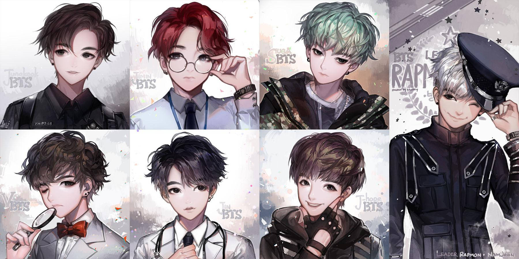 Bts Aesthetic 桌布 壁紙 — 七個以動漫風格繪製的男性角色，擁有不同的髮色和服裝，各自手持不同的道具，背景柔軟有質感。