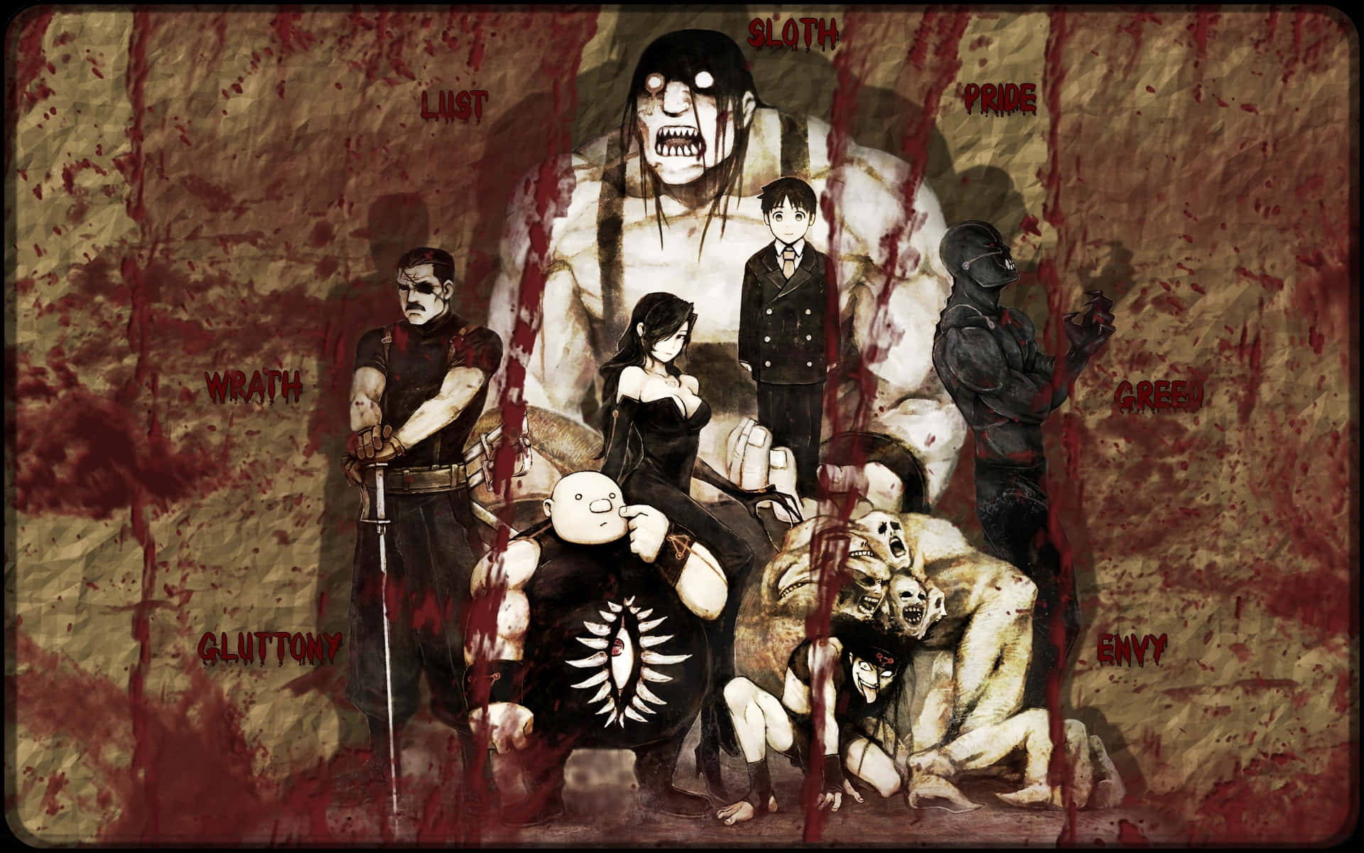 鋼之鍊金術師 BROTHERHOOD 桌布 壁紙 — 七個以罪惡為主題的動漫角色，帶著怪誕的表情，站在一個標有「Sloth」的巨型惡魔形象前，周圍是血跡斑斑的牆壁。