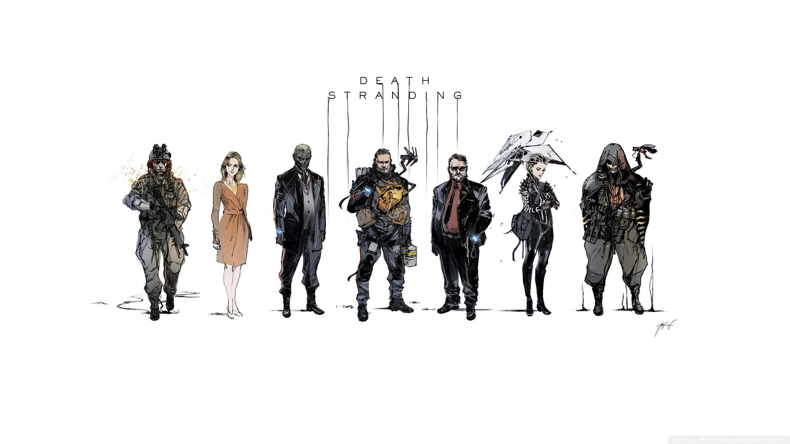 death stranding iPhone 桌布 壁紙 — 七個來自《死亡擱淺》的風格化角色排成一列，背景是純白色，標題懸掛在他們上方。