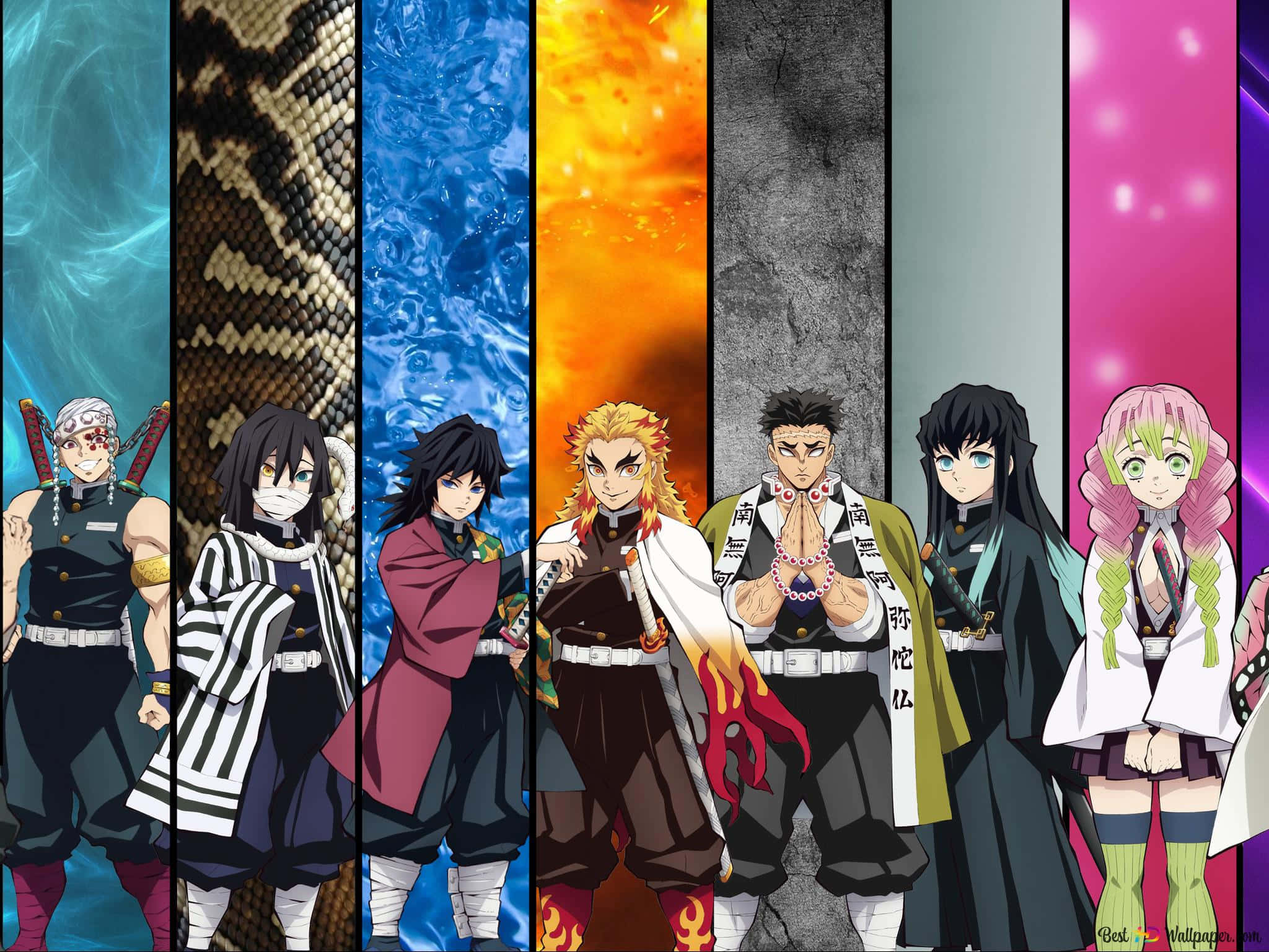 Demon Slayer Group 桌布 壁紙 — 七個來自《鬼滅之刃》的動漫角色站在垂直面板中，背景是充滿活力的元素背景。