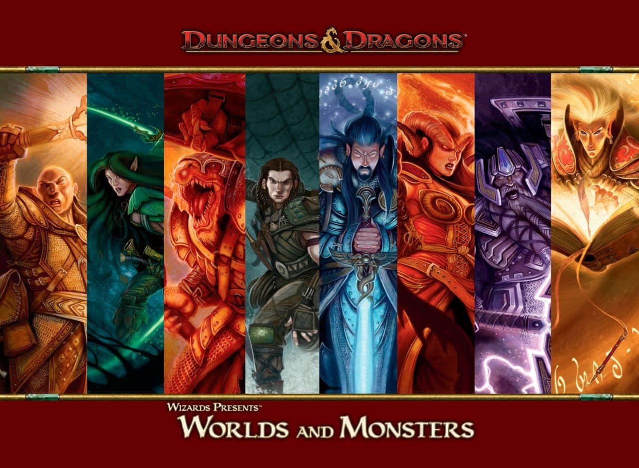 Dungeons And Dragons 桌布 壁紙 — 七個來自《龍與地下城》的奇幻角色站在充滿活力的垂直面板中，每個都散發著獨特的魔法和力量。
