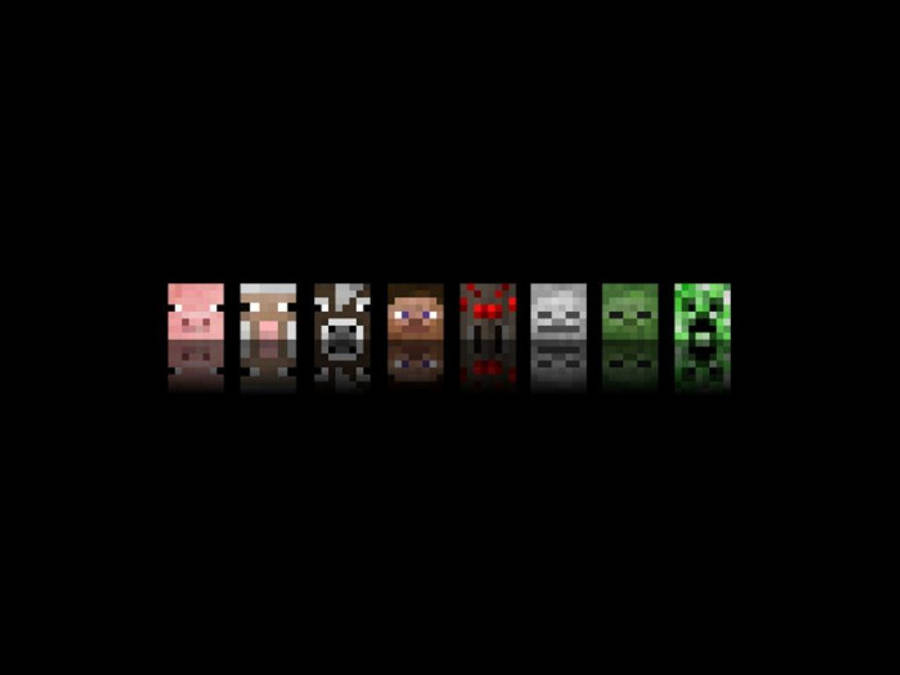 Pig 桌布 壁紙 — 七個像素化的Minecraft角色排成一列，站在帶有微妙反射的黑色背景前。