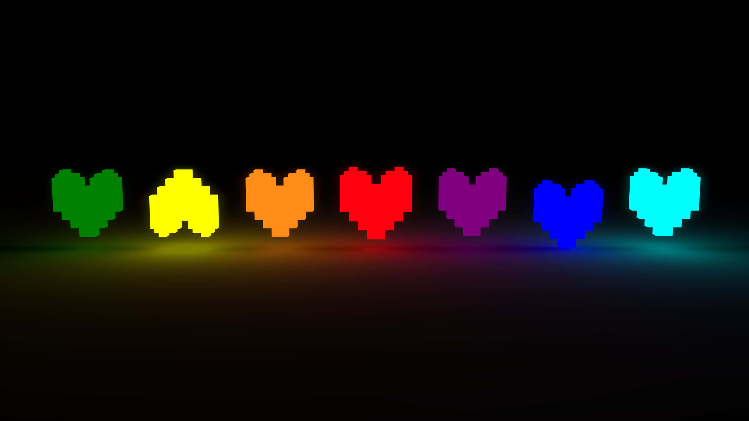 Undertale Desktop 桌布 壁紙 — 七個像素化的心形在黑色背景上發出彩虹色的光芒，在地板上投射出柔和的光線。
