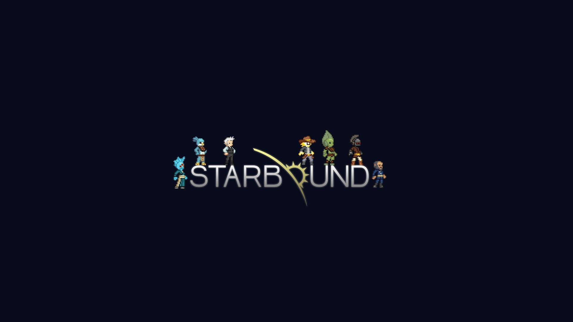 Windows 10 桌布 壁紙 — 七個像素藝術角色在黑暗背景上發光的 'STARBOUND' 標誌下一字排開。