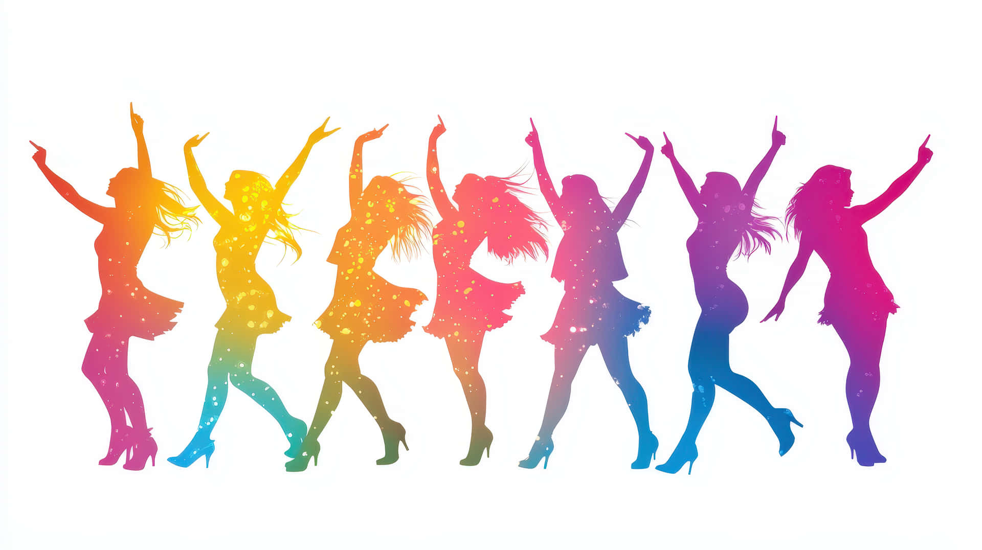 A dynamic illustration of colorful female silhouettes dancing joyfully, symbolizing celebration 壁紙 — 七個充滿活力的彩虹漸層剪影，描繪穿著高跟鞋跳舞的女性，背景為白色。