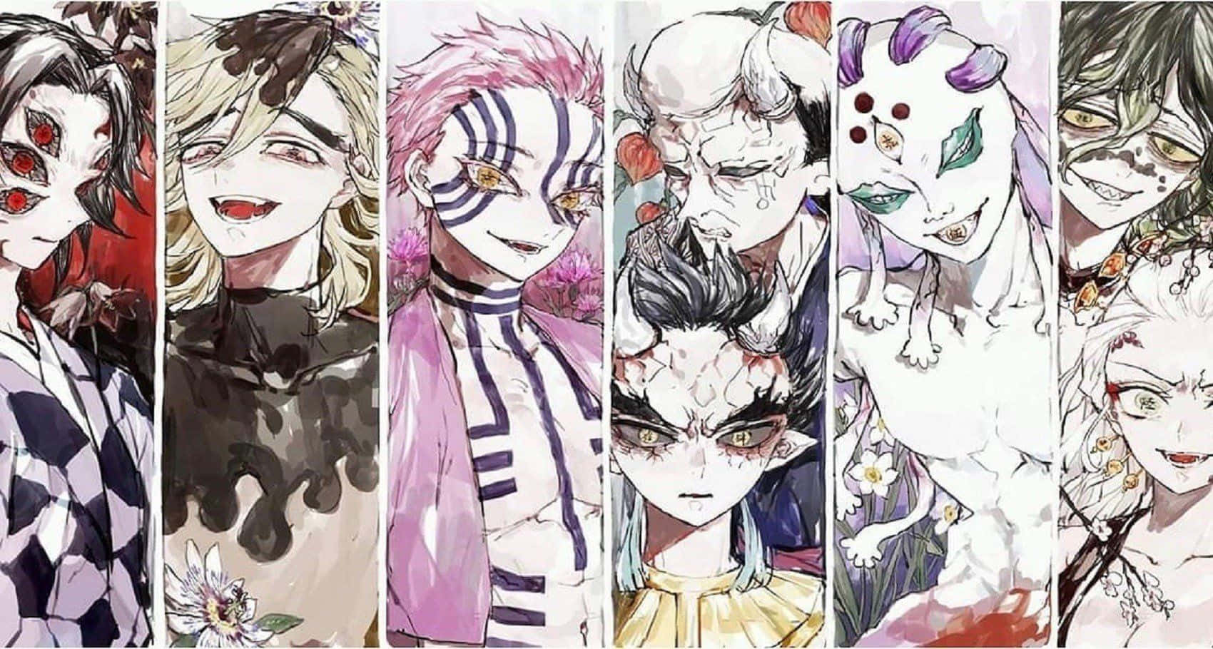 Kimetsu No Yaiba 桌布 壁紙 — 七個具有獨特惡魔特徵和色彩繽紛服裝的動漫角色垂直排列站立。