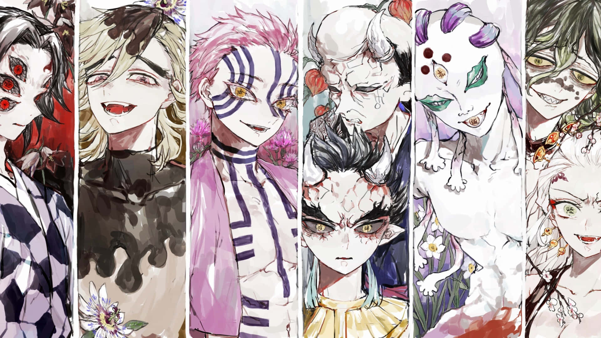 Demon Slayer Group 桌布 壁紙 — 七個具有獨特惡魔特徵和鮮豔花卉背景的動漫角色，以垂直面板呈現。
