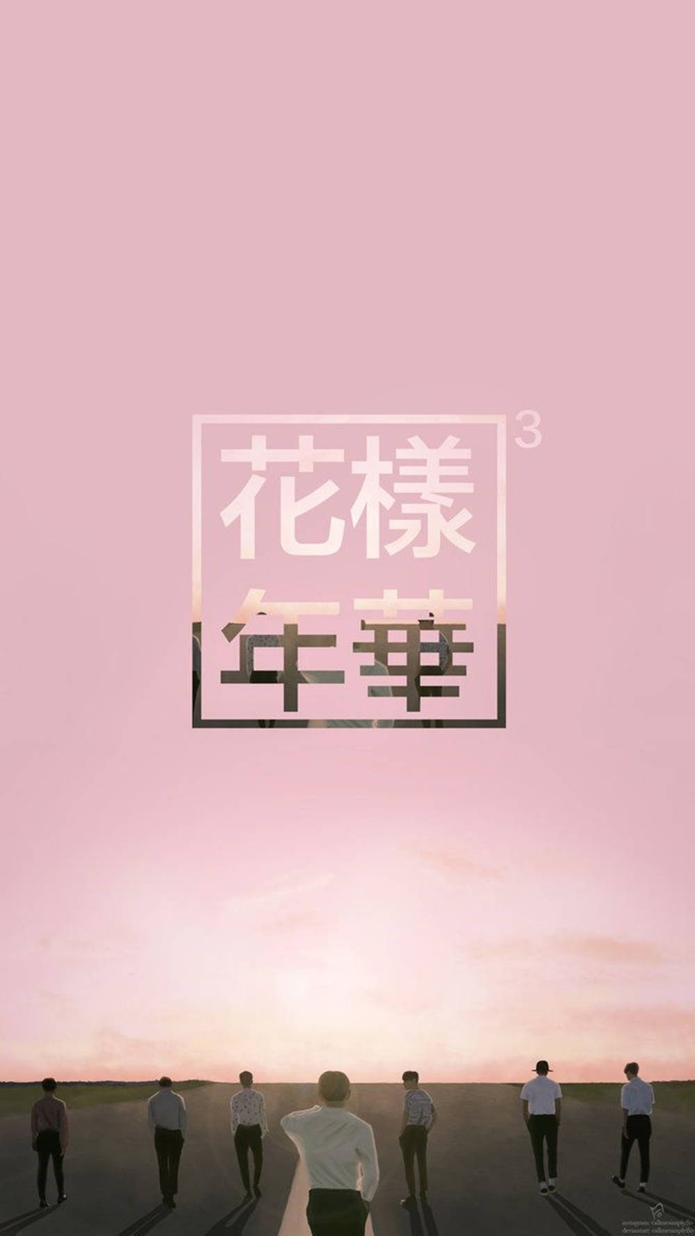 七個剪影人物在日落時分走在路上，天空呈粉紅色，並有大型文字。 — BTS標誌 壁紙