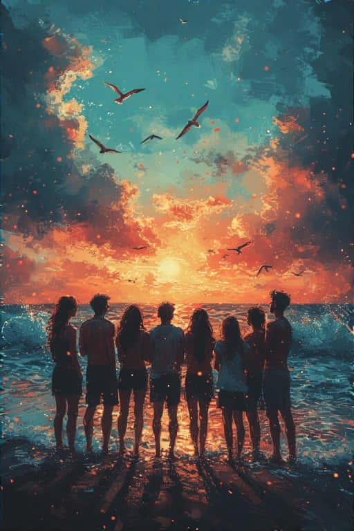 Sunset Bonds Friends by the Shore 4K 壁紙 — 七個剪影朋友在日落時分一起站在沙灘上，海鷗在火橙色和藍綠色的雲層中翱翔。