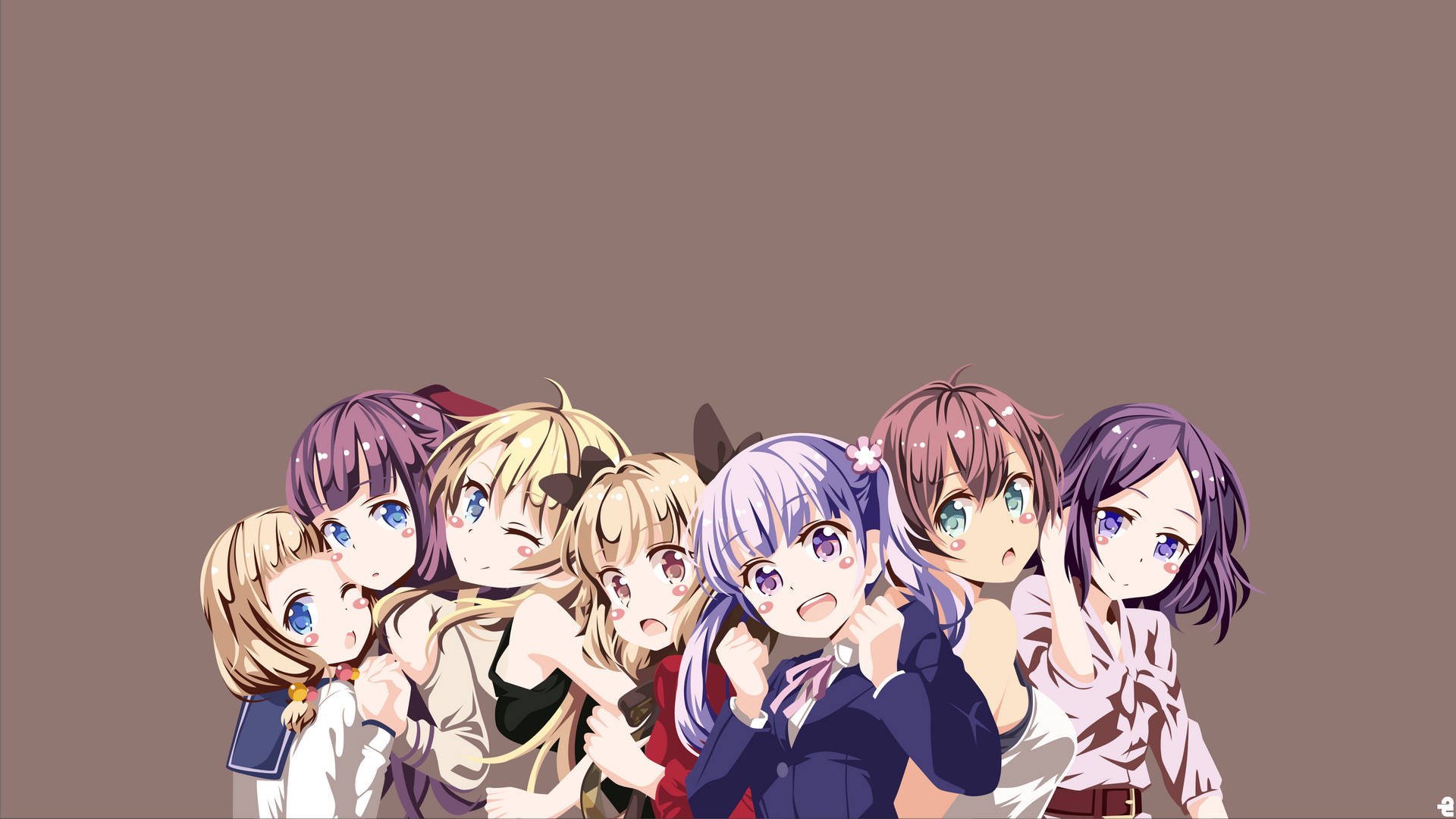 動漫女孩 桌布 壁紙 — 七個動漫女孩，頭髮顏色各異，表情豐富，擠在一起，背景是純棕色。