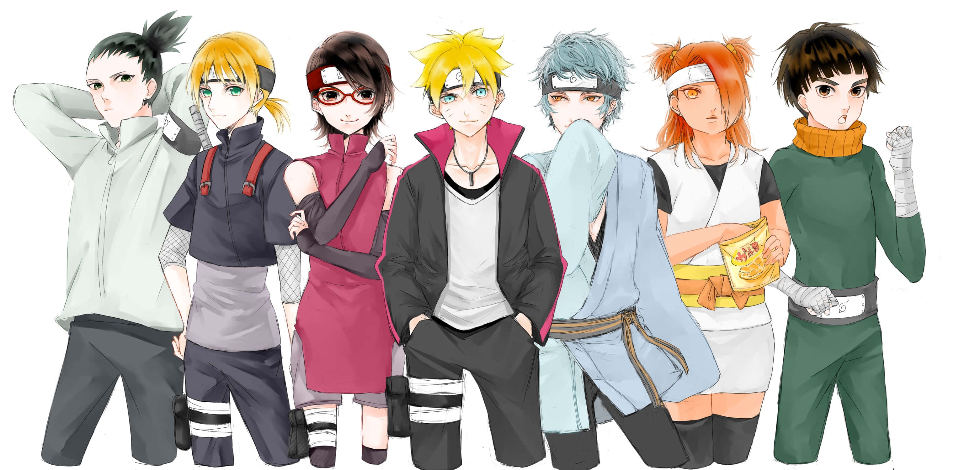 Mitsuki 桌布 壁紙 — 七個動漫忍者角色穿著多種服裝，自信地站在純白色背景前。