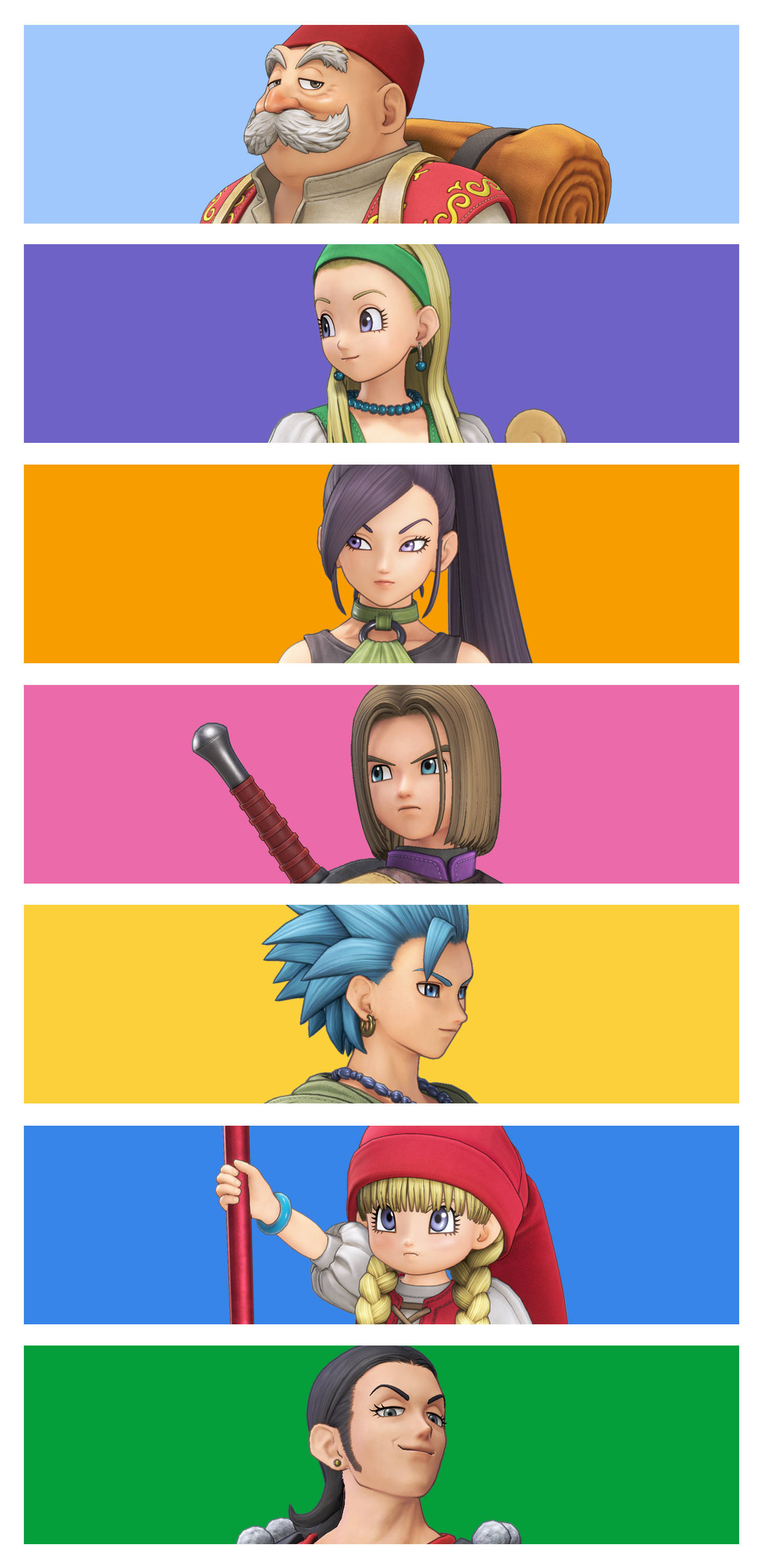 dragon quest 桌布 壁紙 — 七個動漫角色，各有獨特髮型和服裝，各自框在純色背景上。