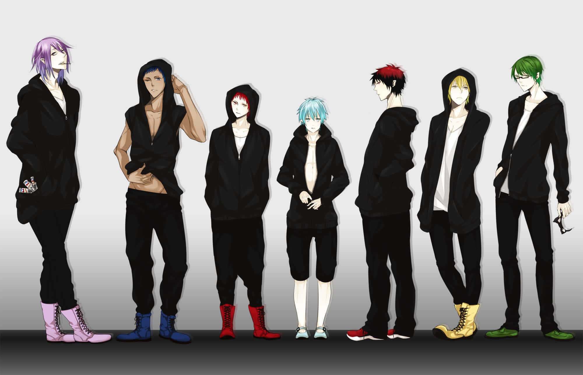 Kuroko No Basket 桌布 壁紙 — 七個動漫角色，擁有色彩繽紛的頭髮和黑色服裝，排成一排，背景是純灰色。