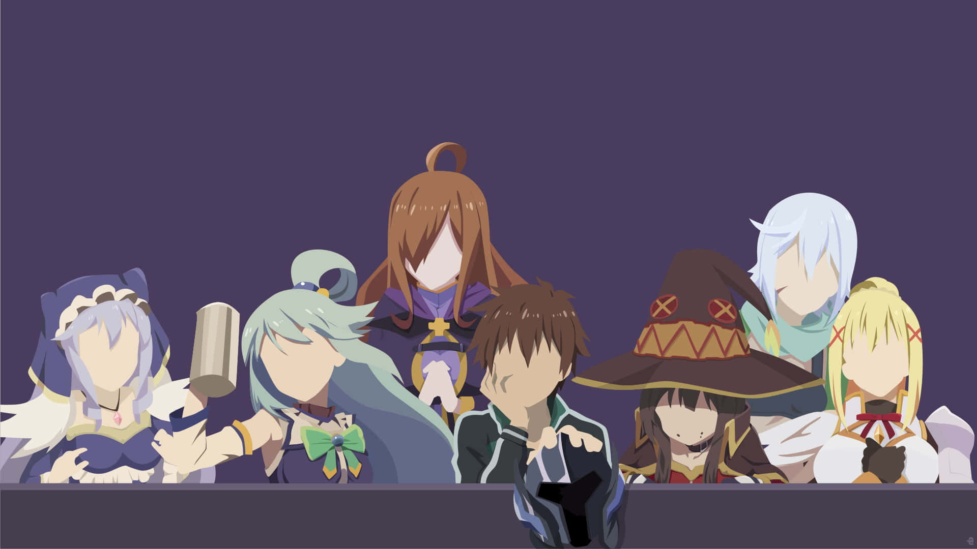 Konosuba 桌布 壁紙 — 七個動漫角色，髮色和服裝各異，一字排開站在純紫色背景前。