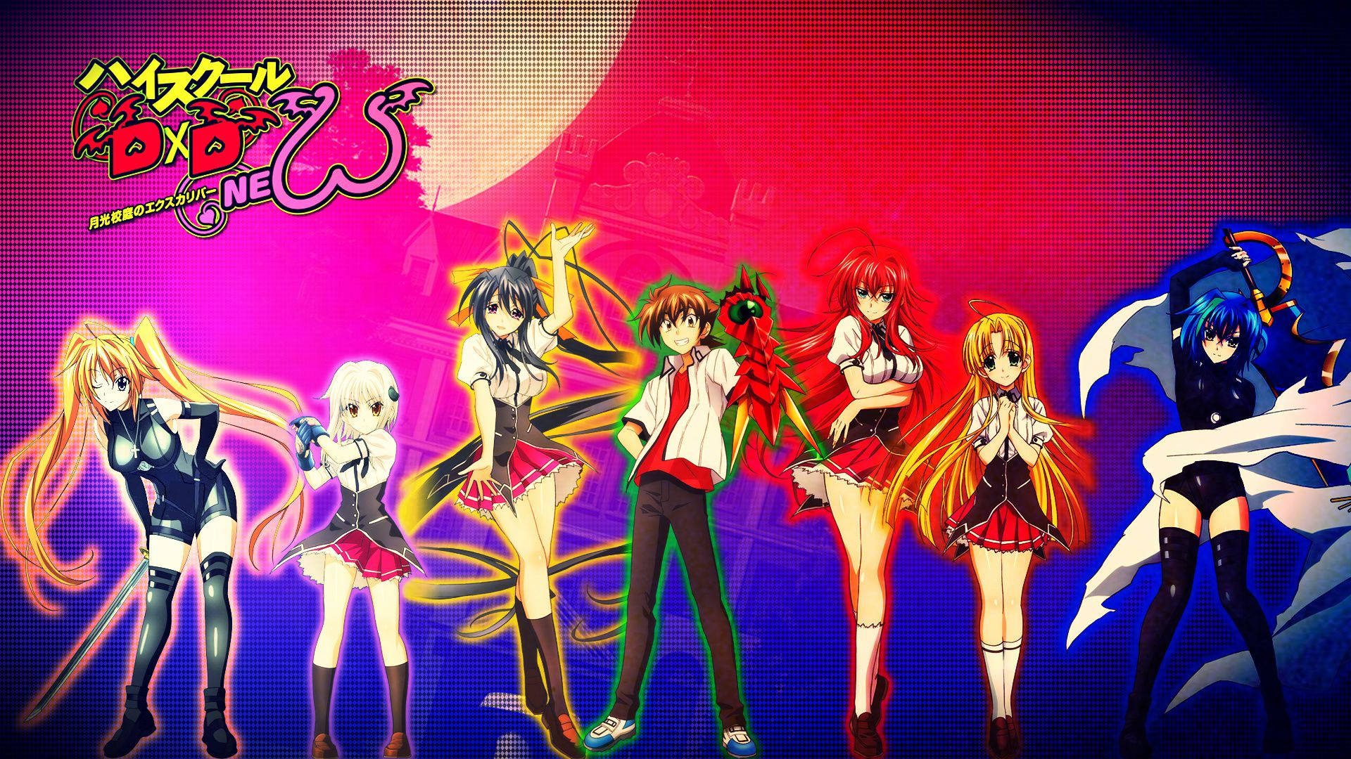 High School Dxd 桌布 壁紙 — 七個動漫角色以動態姿勢，襯托著充滿活力的粉紅色和藍色漸變背景，背景中有一個大月亮。