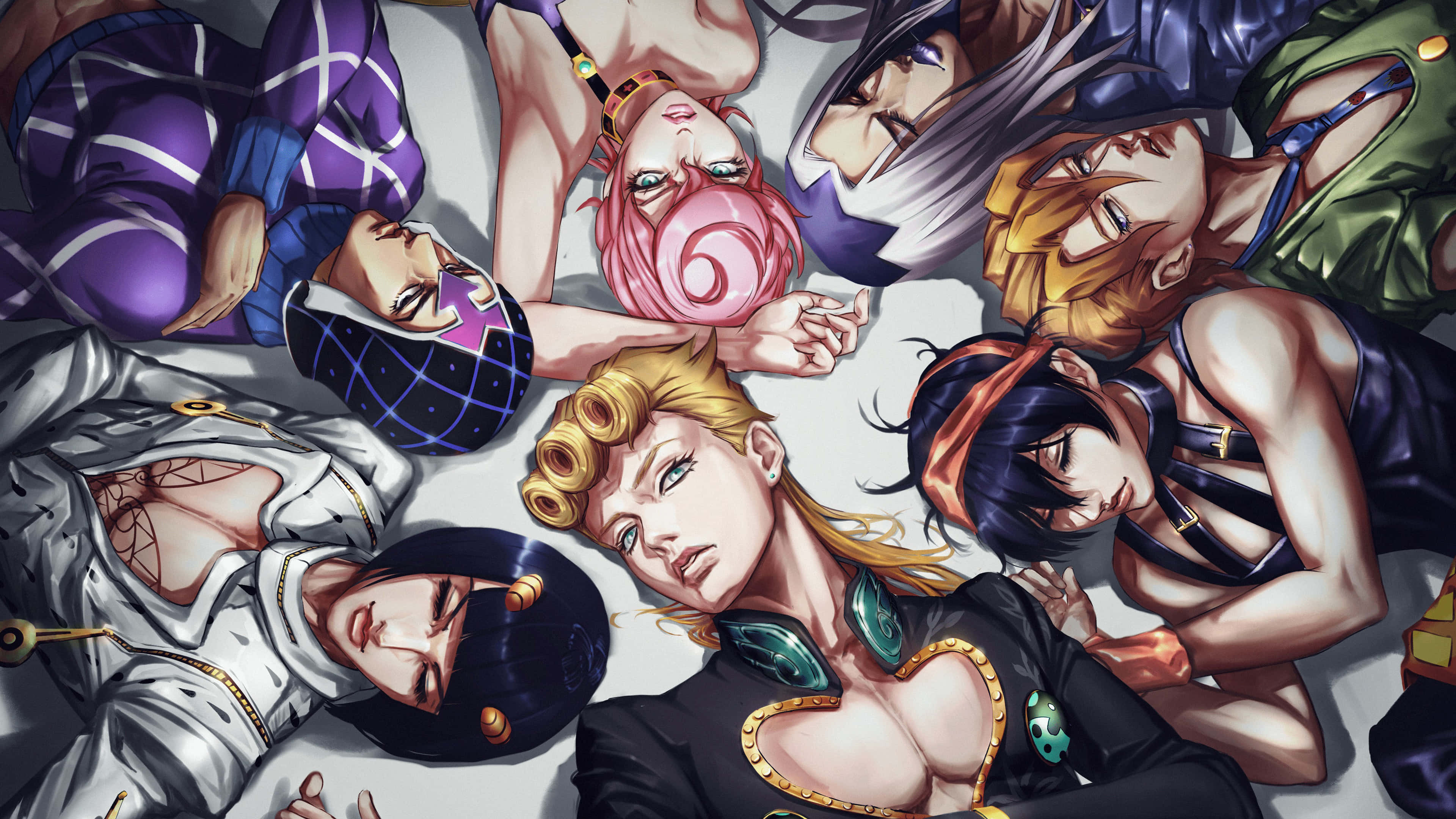 Vento Aureo 桌布 壁紙 — 七個動漫角色以動態姿勢圍繞著一個粉紅色頭髮和螺旋紋身的中心人物。
