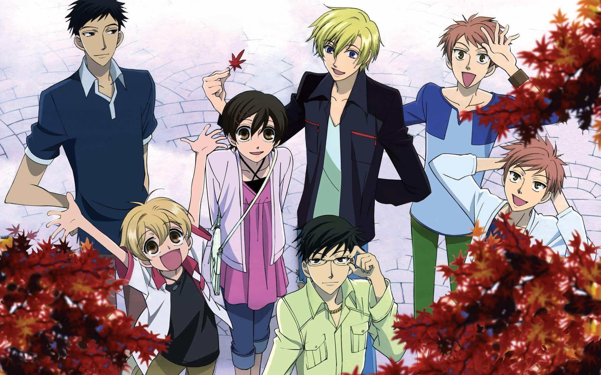 ouran high school host club 桌布 壁紙 — 七個動漫角色在石徑上，於鮮紅的楓葉中愉快地擺姿勢。