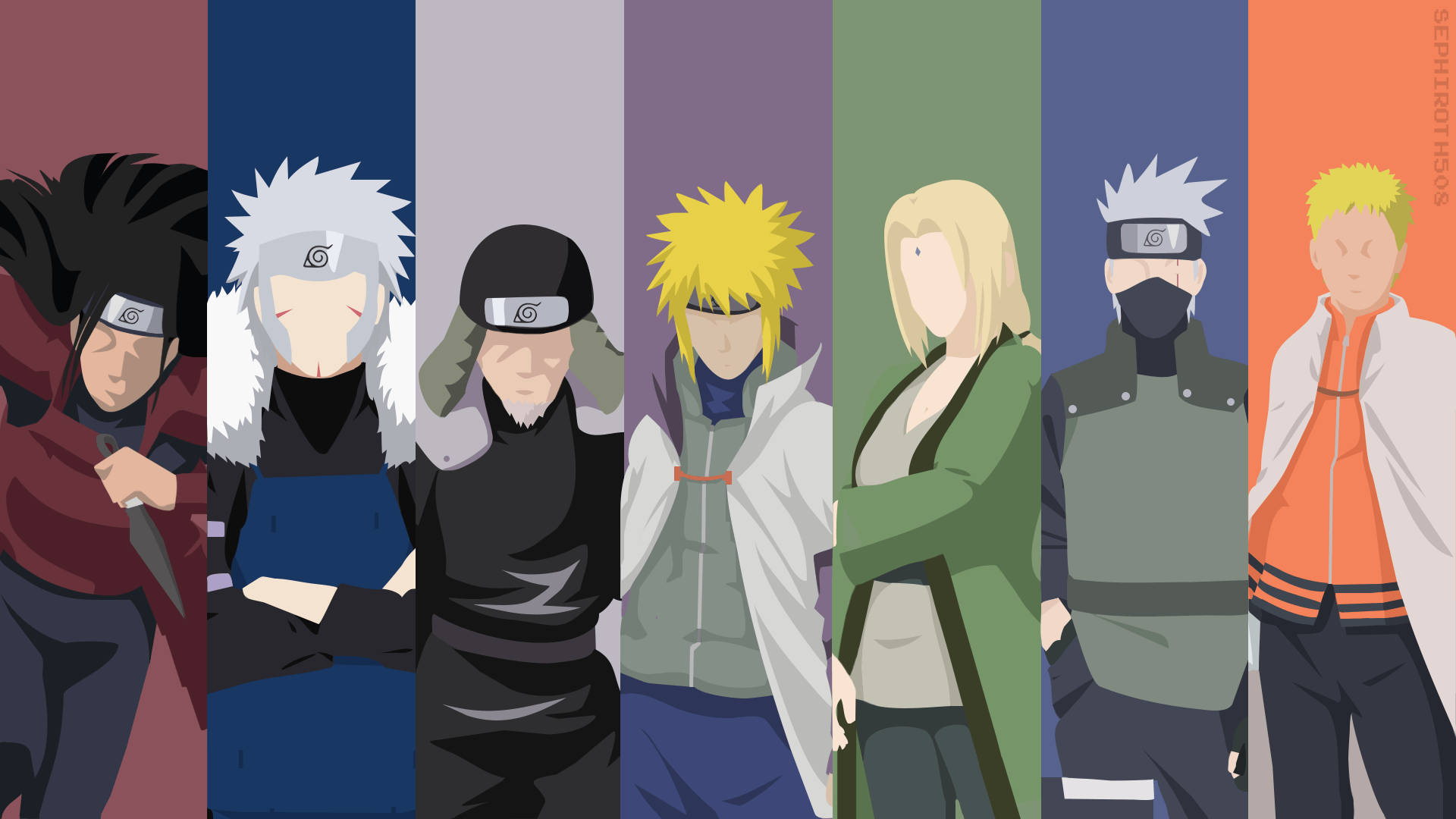 minato namikaze 桌布 壁紙 — 七個動漫角色排成一排，站在彩色垂直面板前，每個都有獨特的髮型和忍者裝備。
