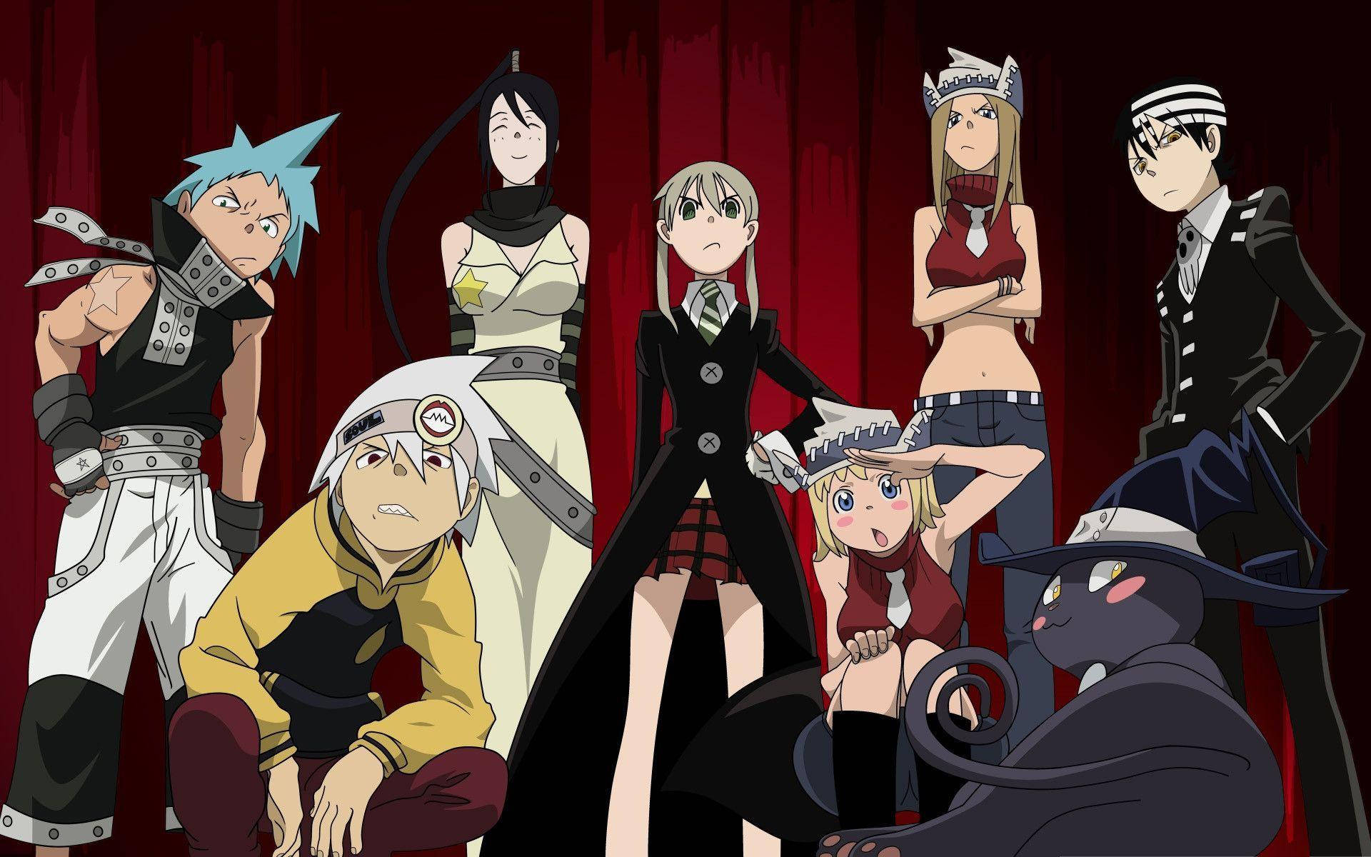 Soul Eater 桌布 壁紙 — 七個動漫角色穿著不同服裝，在深紅色窗簾背景下戲劇性地擺姿勢。