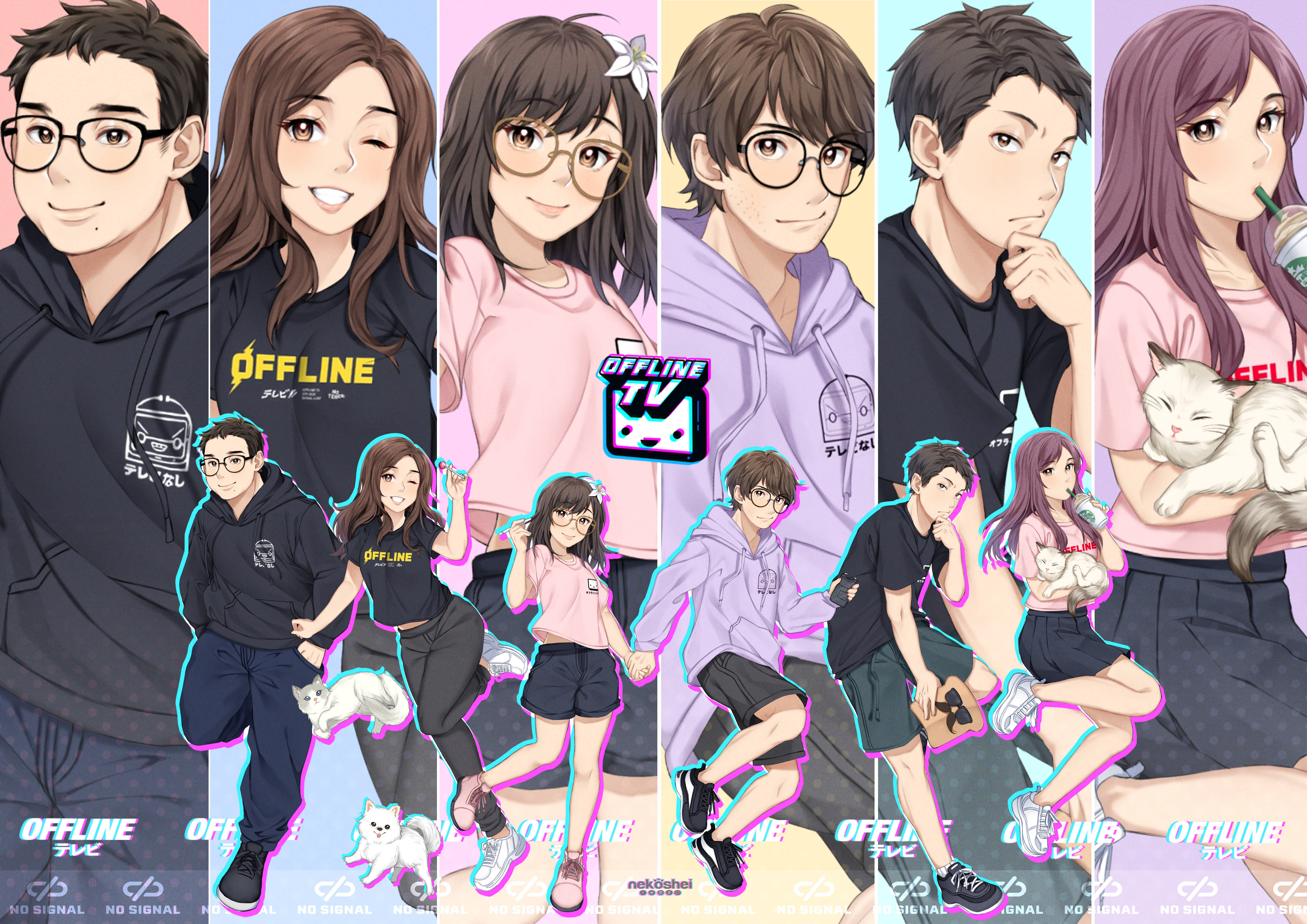 pokimane 桌布 壁紙 — 七個動漫角色穿著休閒服裝，與貓咪一起，背景為色彩繽紛的垂直背景，帶有「OFFLINE TV」品牌標誌。