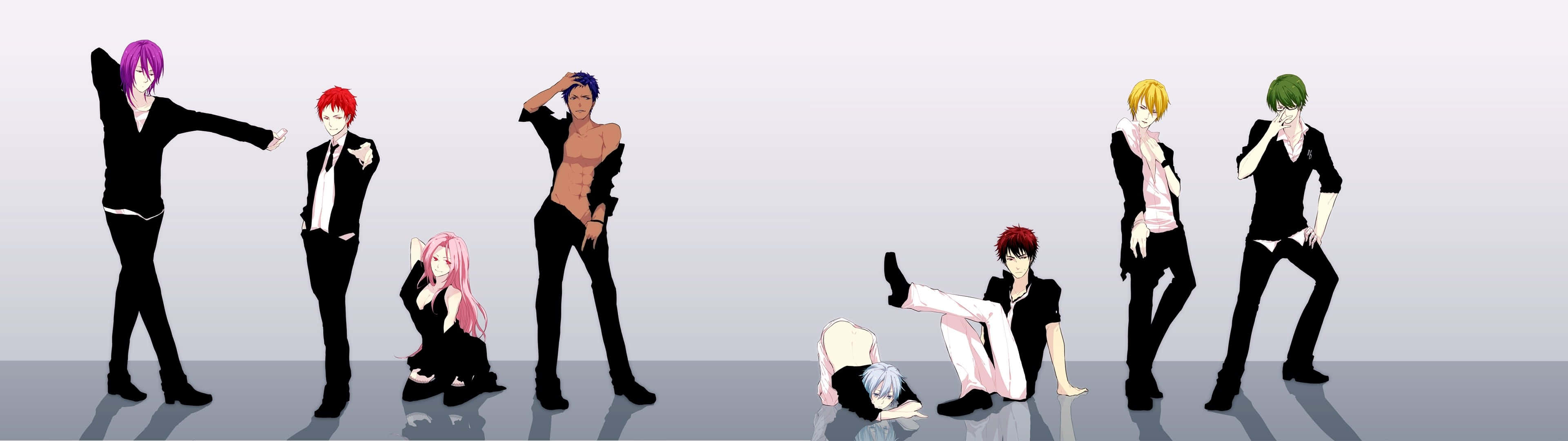 3840 X 1080 Anime HD 桌布 壁紙 — 七個動漫角色穿著時尚黑色西裝，在純色漸變背景前動態擺姿勢。