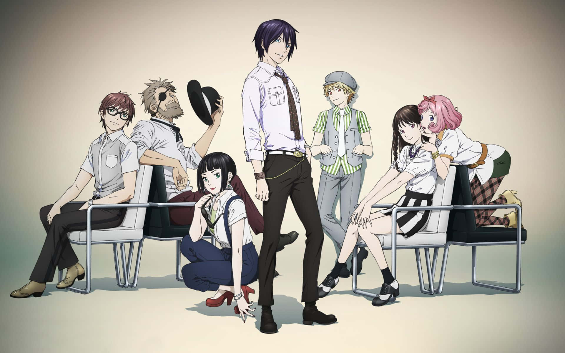 Noragami 桌布 壁紙 — 七個動漫角色穿著校服，在純米色背景前隨意地坐在椅子上擺姿勢。