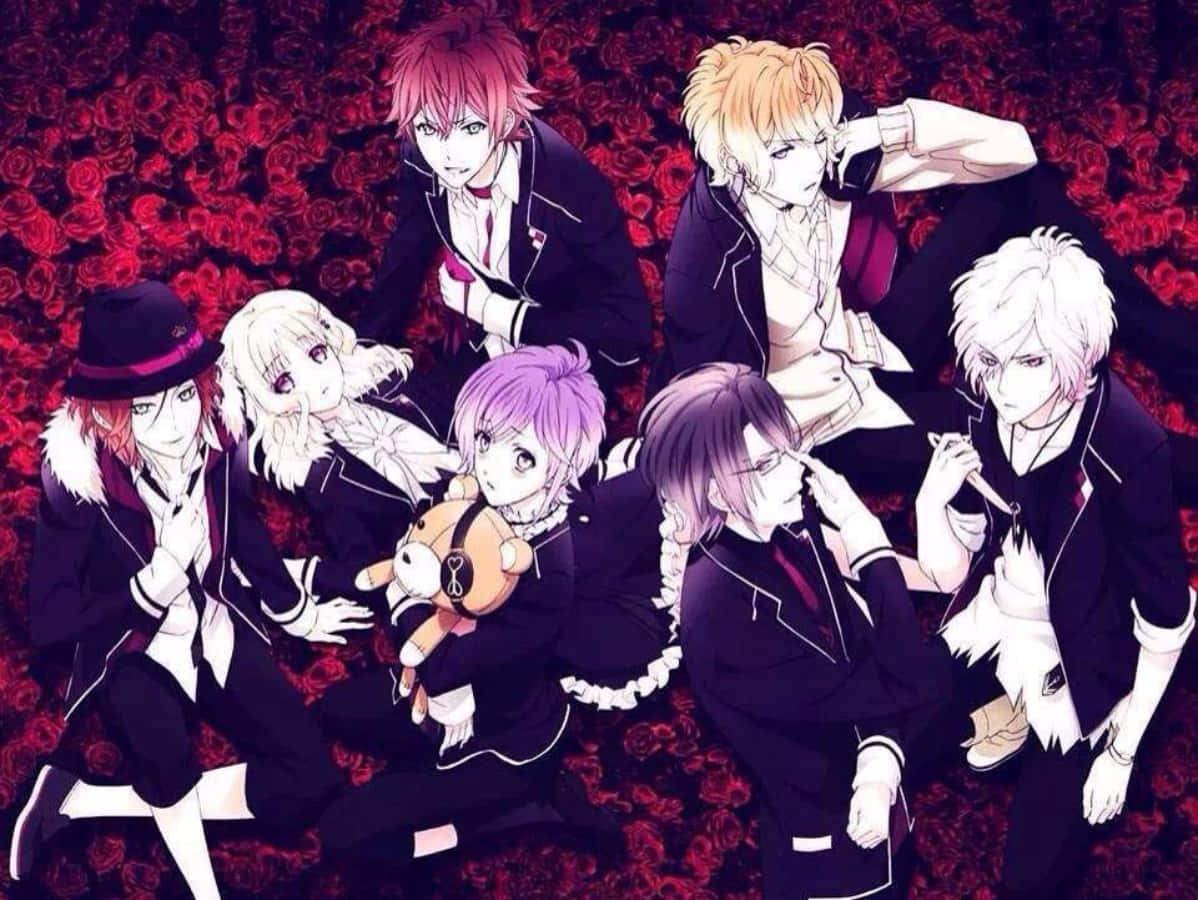Diabolik Lovers 桌布 壁紙 — 七個動漫角色穿著正式黑色西裝，在鮮豔紅玫瑰的背景前擺姿勢。