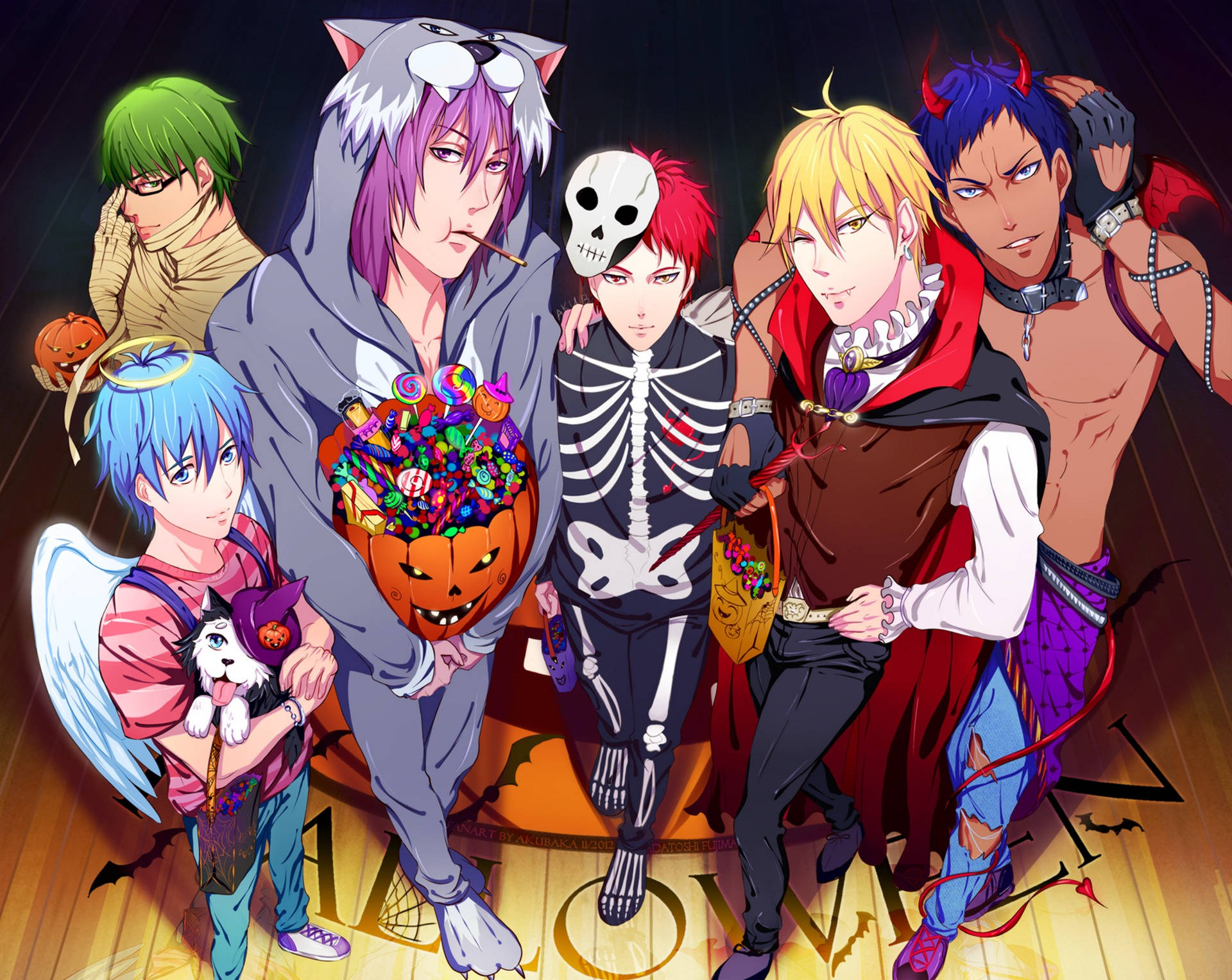 Kuroko 桌布 壁紙 — 七個動漫角色穿著萬聖節服裝，在木地板上與發光的南瓜燈和蝙蝠一起擺姿勢。