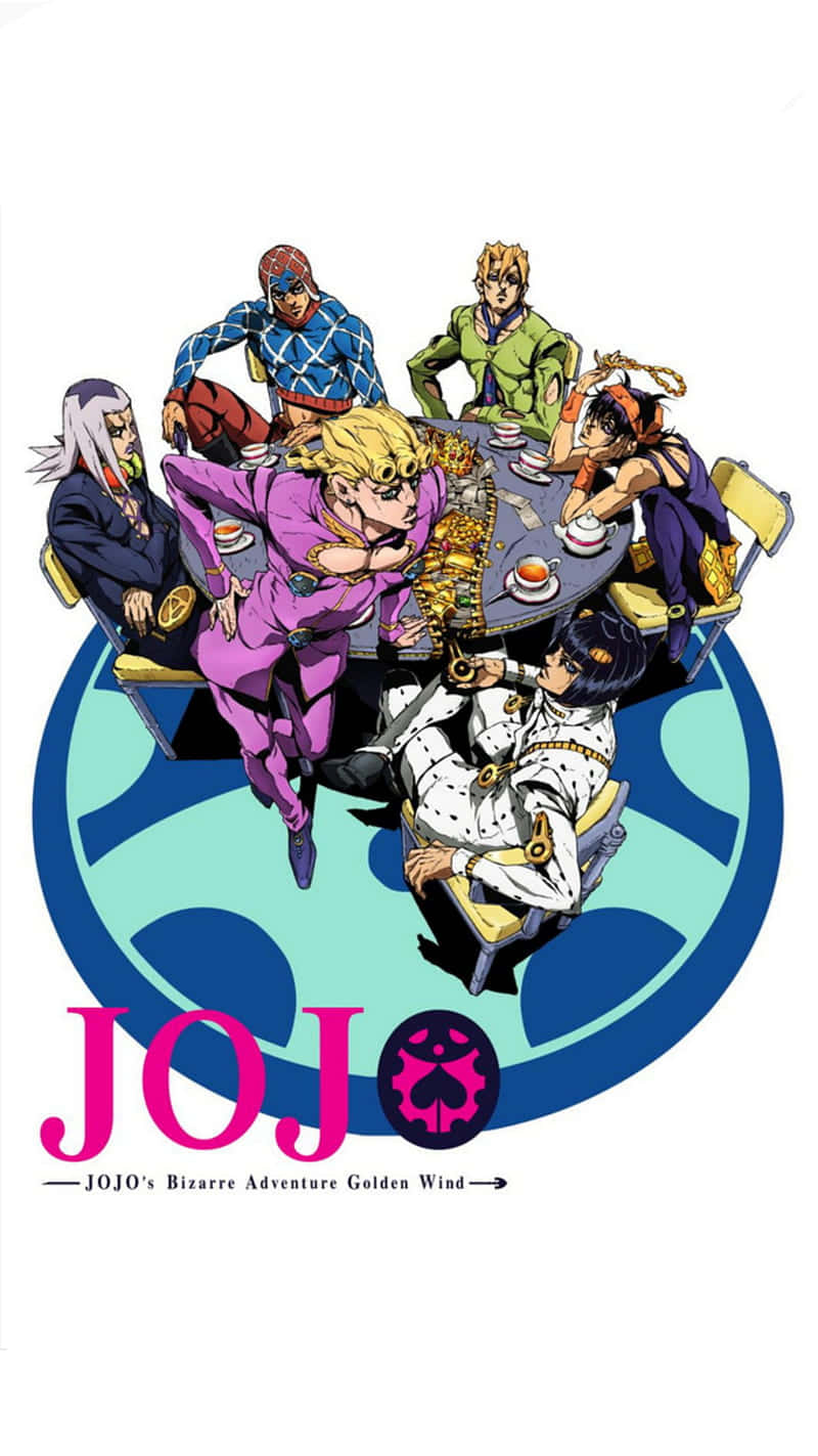 Jojo's Bizarre Adventure 桌布 壁紙 — 七個動漫角色穿著鮮豔服裝，圍繞著一張放有茶杯和金幣的桌子，背景是藍色圓形。