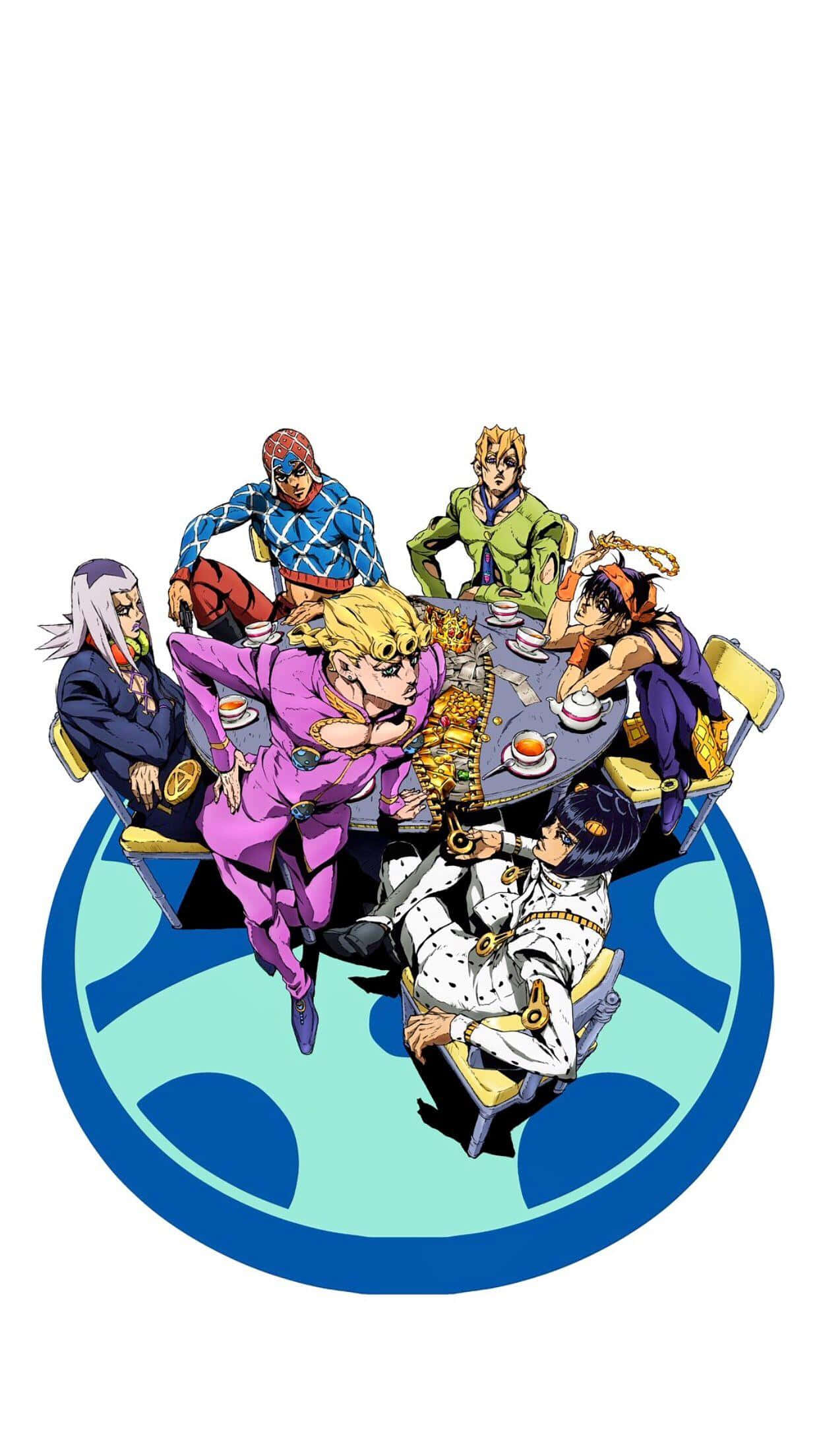 Jjba 桌布 壁紙 — 七個動漫角色穿著鮮豔服裝，圍繞著一張圓桌，桌上擺滿食物和飲料，背景為藍色圓形。