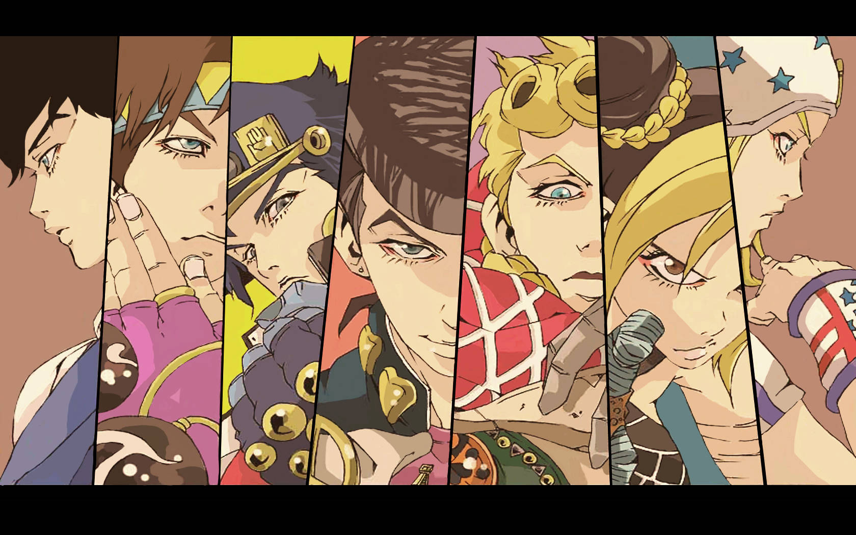 Johnny Joestar 桌布 壁紙 — 七個動漫角色穿著鮮豔服裝，站在垂直面板中，表情強烈。