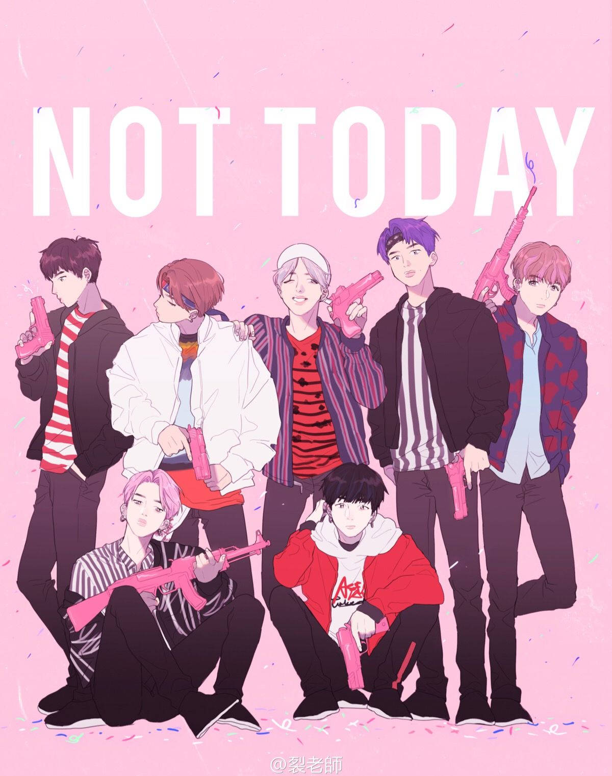 BTS 桌布 壁紙 — 七個動漫風格男孩穿著休閒服裝，在粉紅色背景上拿著粉紅色槍支，周圍有五彩紙屑和粗體文字寫著 NOT TODAY。