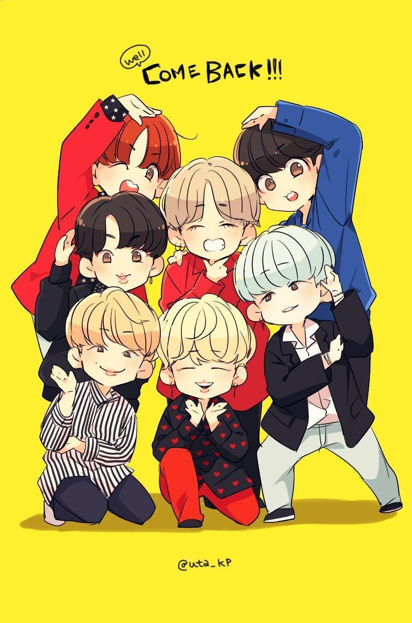 BTS 卡通 桌布 壁紙 — 七個動漫風格男孩穿著色彩繽紛的服裝，在明亮的黃色背景前開心地擺姿勢，並帶有「COME BACK!!!」對話框。