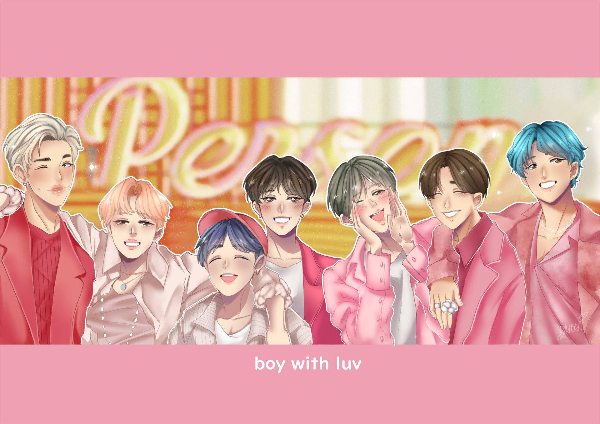 BTS 筆電 桌布 壁紙 — 七個動漫風格的男孩穿著粉紅色服裝，在發光的粉紅色和金色背景前微笑並愉快地擺姿勢。