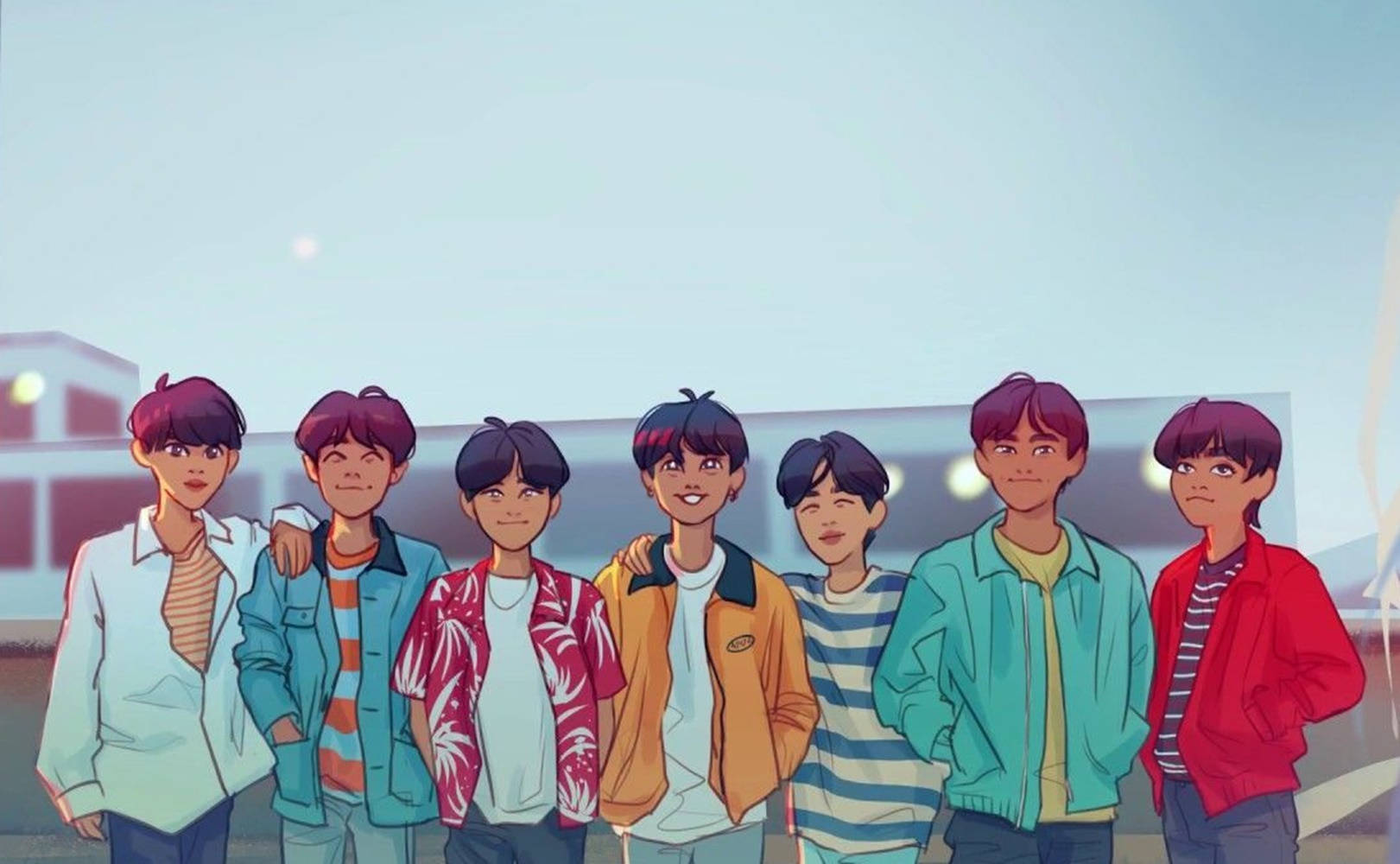 bts 2021 desktop 桌布 壁紙 — 七個動漫風格的男孩穿著色彩繽紛的夾克，一起站在柔和的粉彩城市背景前。