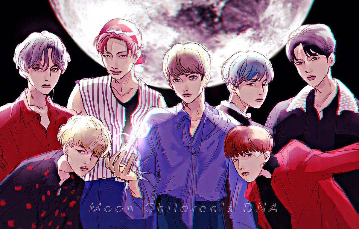 BTS 桌布 壁紙 — 七個動漫風格的男性角色，頭髮色彩繽紛，站在一個大月亮前面，手持發光的DNA鏈。