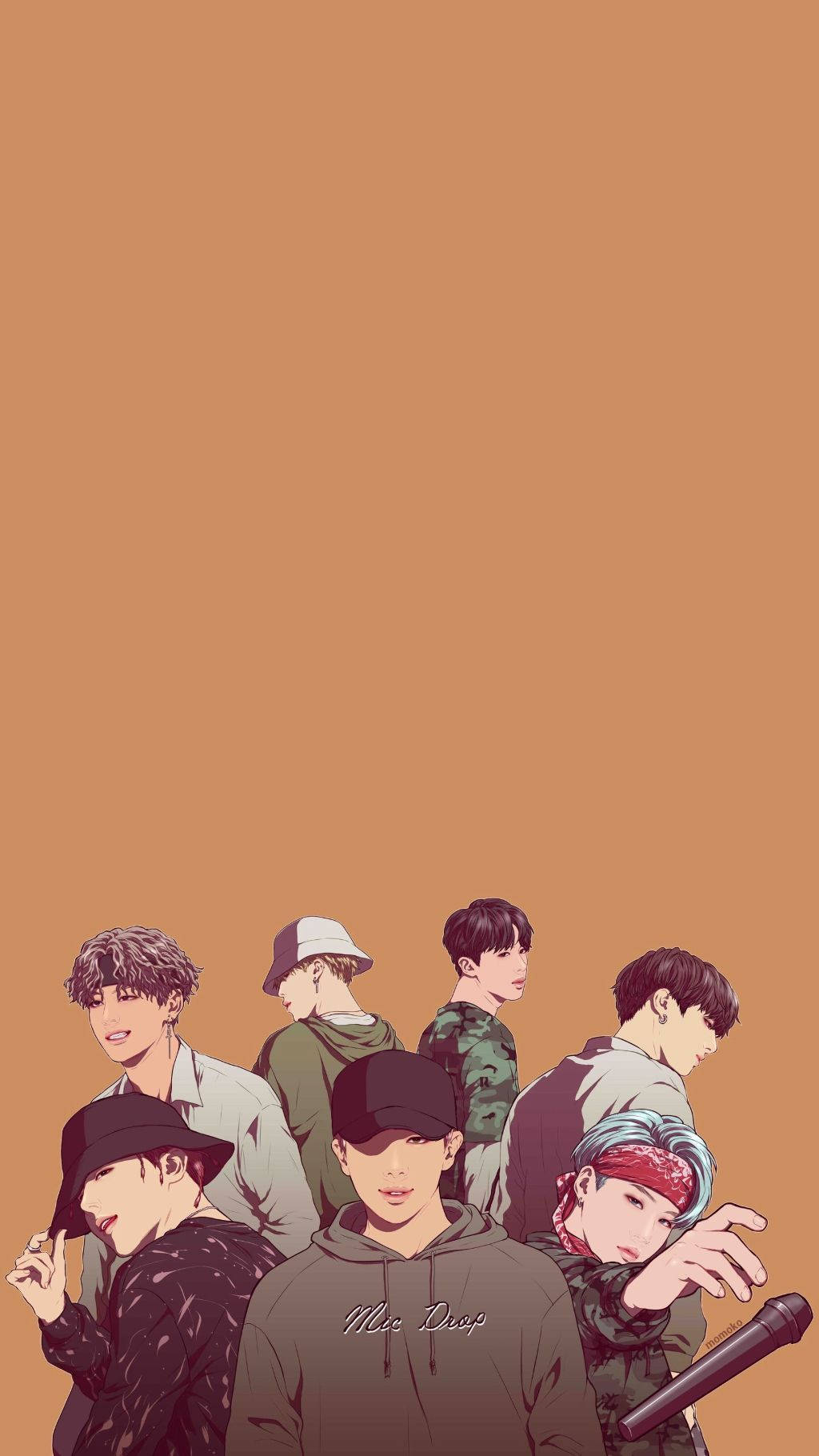 七個動漫男孩穿著休閒服裝擺姿勢，其中一人手持麥克風。 — BTS 卡通 GIF 壁紙