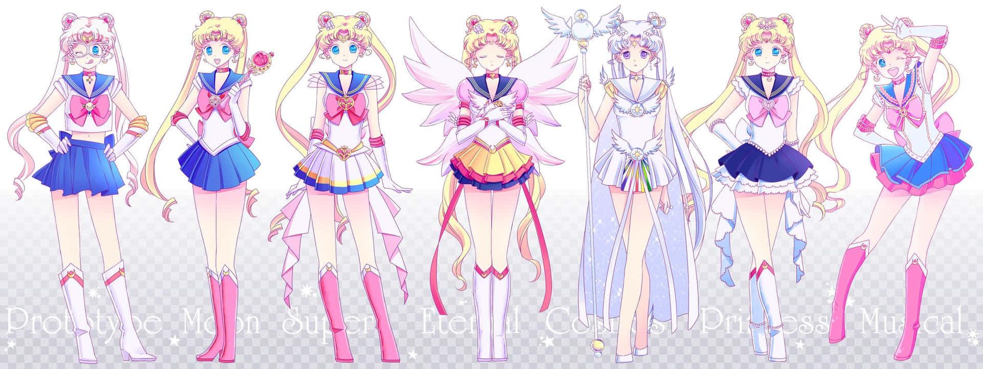 美少女戰士 桌布 壁紙 — 七個動漫風格的美少女戰士角色穿著色彩繽紛的水手服，在透明背景前擺姿勢。